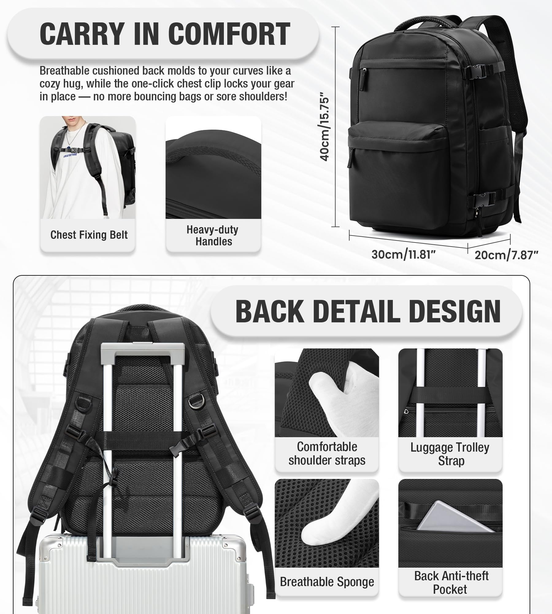 BOXSAM Vakuum Rucksack Handgepäck Flugzeug Tasche Airbag mit Vakuumsystem Reisen Tagesrucksack Ryanair 40x30x25 Rucksack Damen Vacuum Reiserucksack mit Pumpe Wasserdicht Herren Vakuum Koffer.(Schwarz)