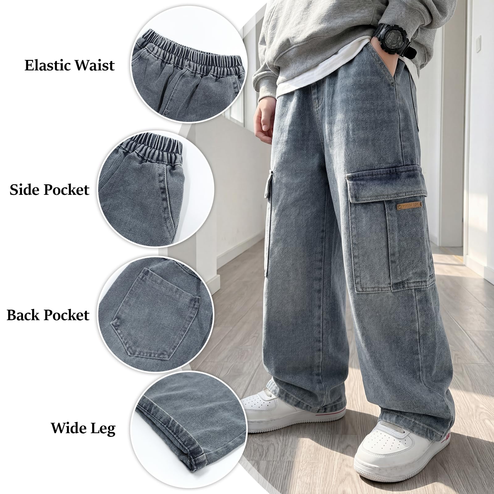 Vaqueros Baggy Cargo Jeans para Niños, Denim Pantalones con Cintura Elástica y Multi-Bolsillos Holgados Largos Stretch Denim Jeans Vintage Streetwear Skater Pants para Niño 7-15 Años