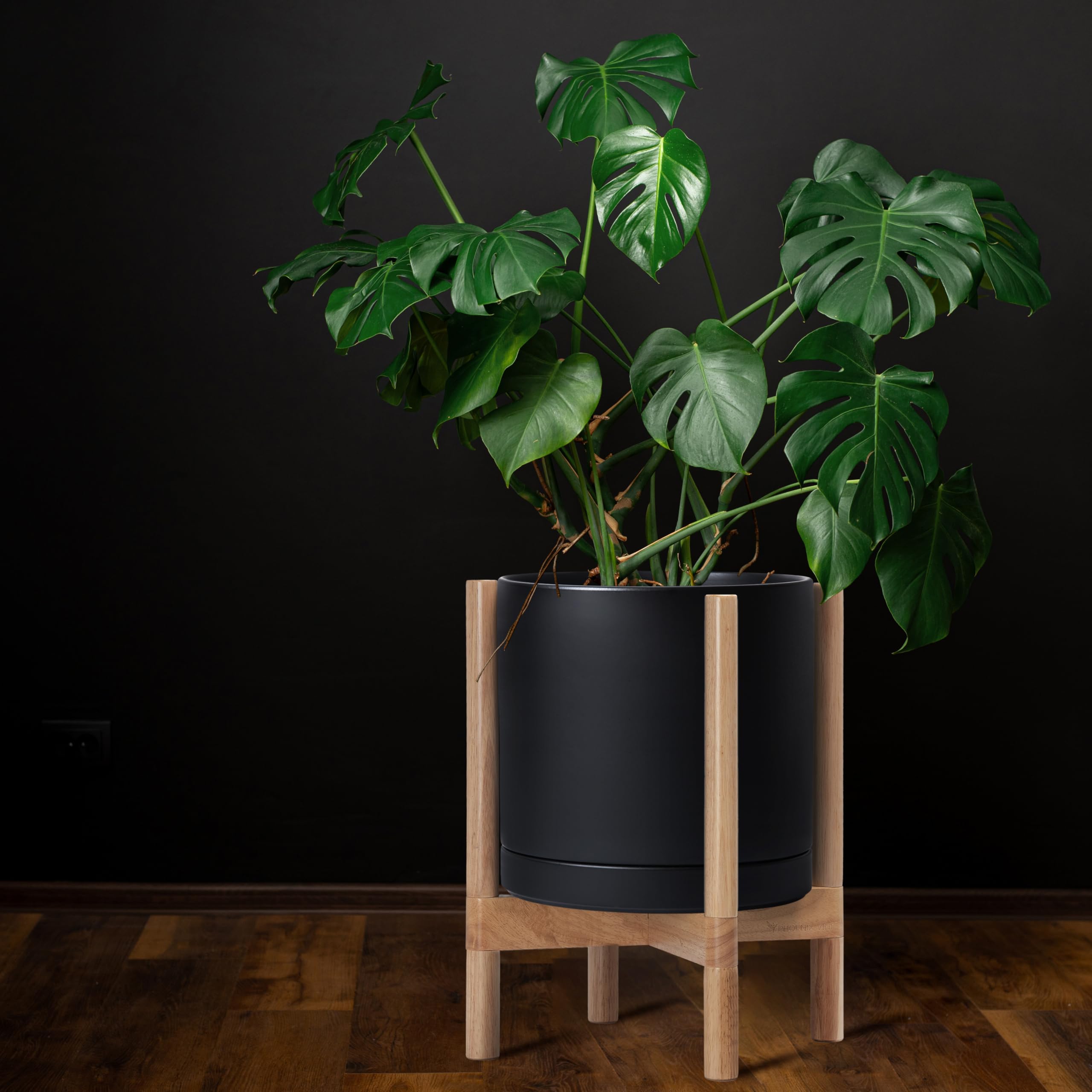 Amazon.com : D'vine Dev Ceramic Pot with Natural Wood Stand, Black