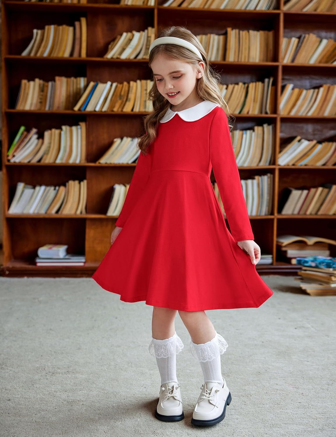 Arshiner Girls Long Sleeve Dress Casual Vintage Peter Pan Collar Swing Party Dress Age 3-14 Years - Image 4