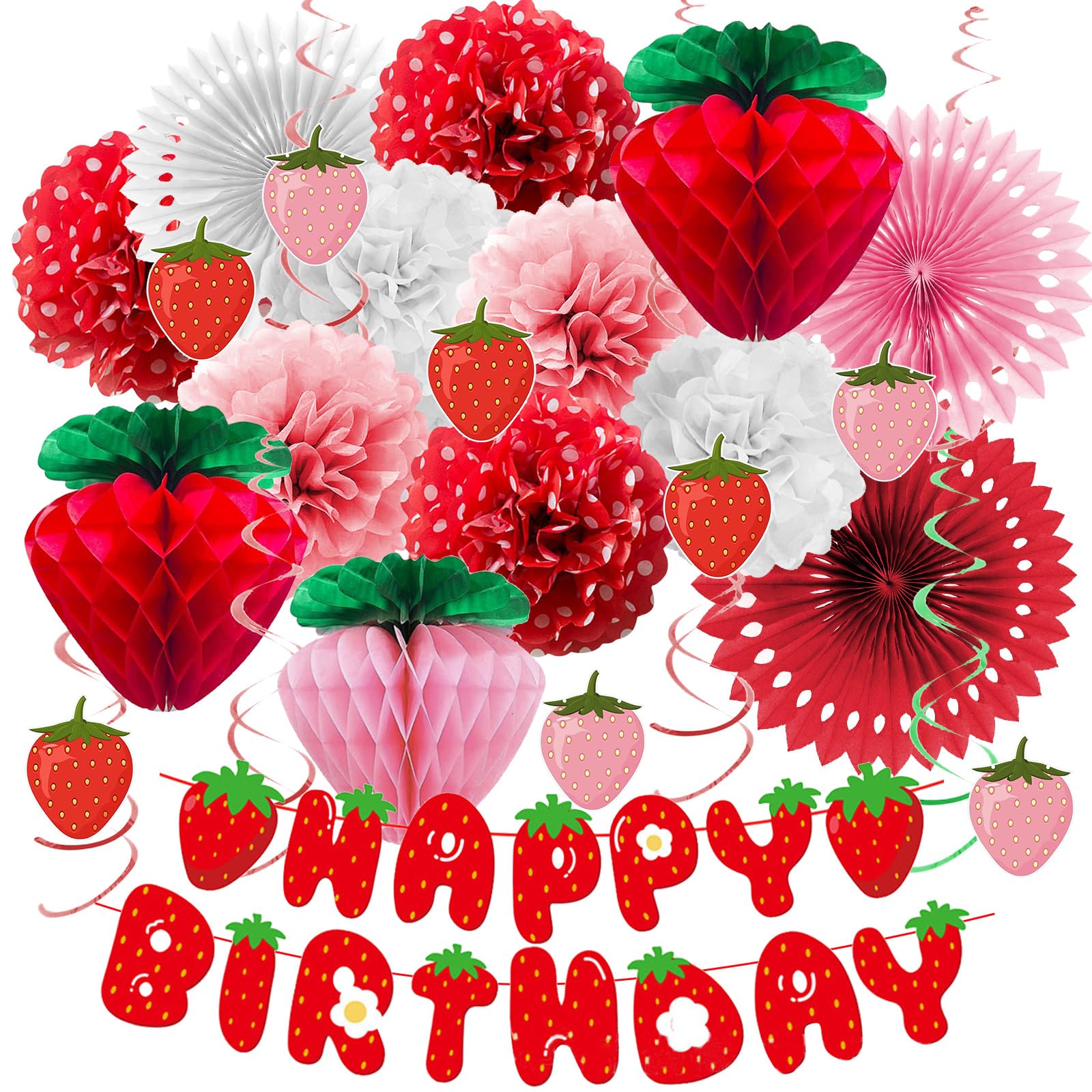 Lasocy Strawberry Birthday Decorations Happy Birthday Banner berry first birthday decor Tissue Pom Poms Red Pink Fans Hanging Swirls honeycomb ball Party Supplies Strawberry Shortcake Party Decor