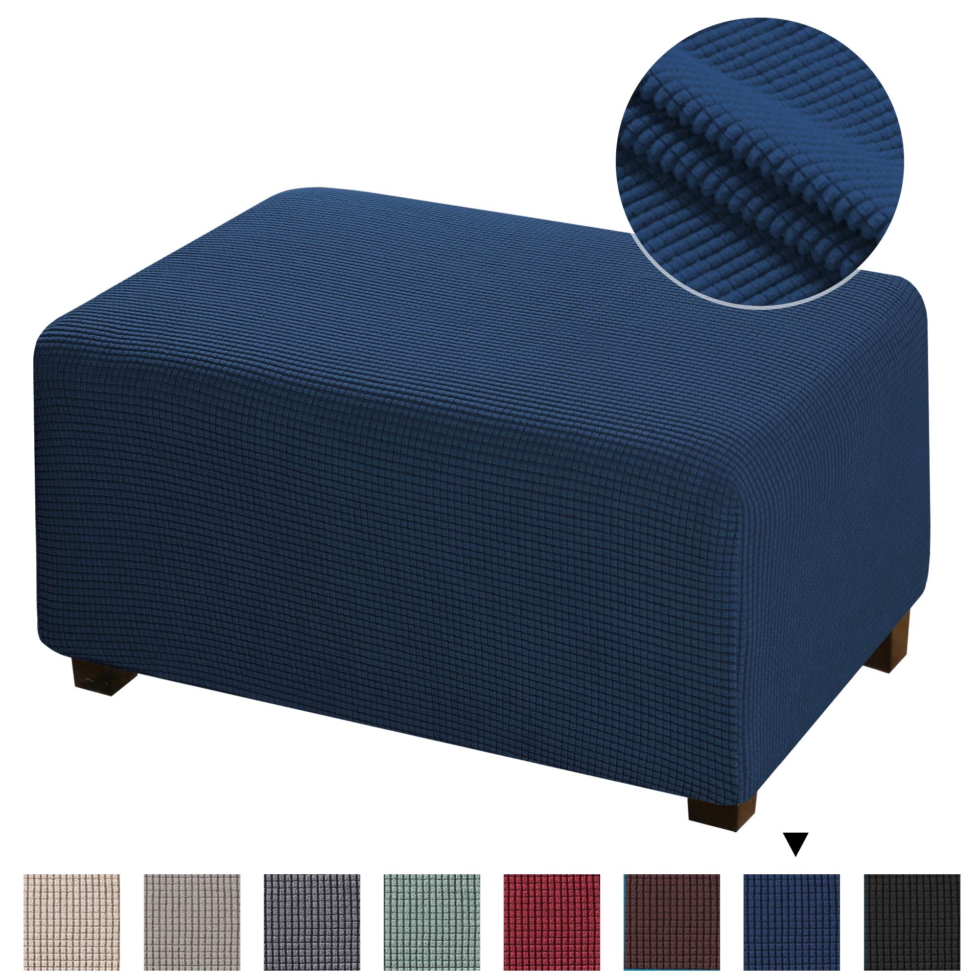 1 Piece Stretch Ottoman Cover Ottoman Slipcover Stay in Place High Spandex Small Checks Jacquard Fabric Ottoman Slipcovers Folding Storage Stool Furniture Protector for Living Room, Oversized, Navy