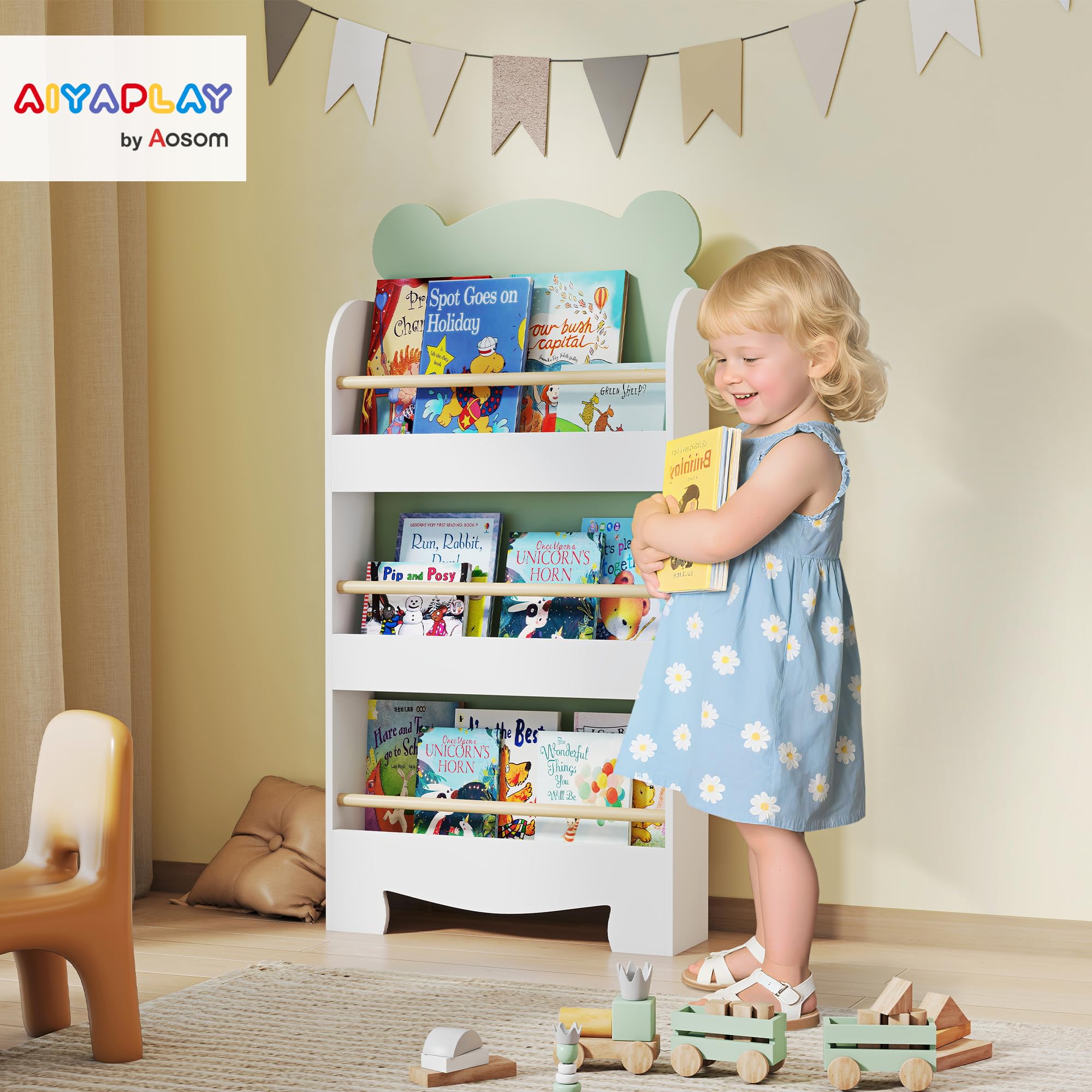 AIYAPLAY Bibliothèque pour Enfant, Rangement Livre Enfant 3 Niveaux, Meuble de Rangement en Forme d'ours, étagère Chambre pour Salle de Jeux, Vert