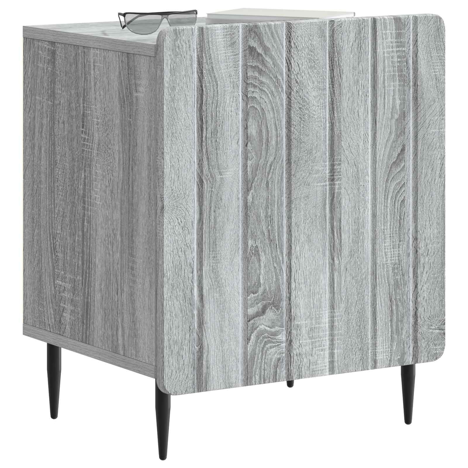 Nachttisch Graues Sonoma 43x34,5x52 cm Holzwerkstoff mit Metallbeinen | Vintage-Look aus hochwertigem,90°-Pendeltür für leisen Zugriff,schwarze Metallbeine,einfache Pflege mit feuchtem Tuch