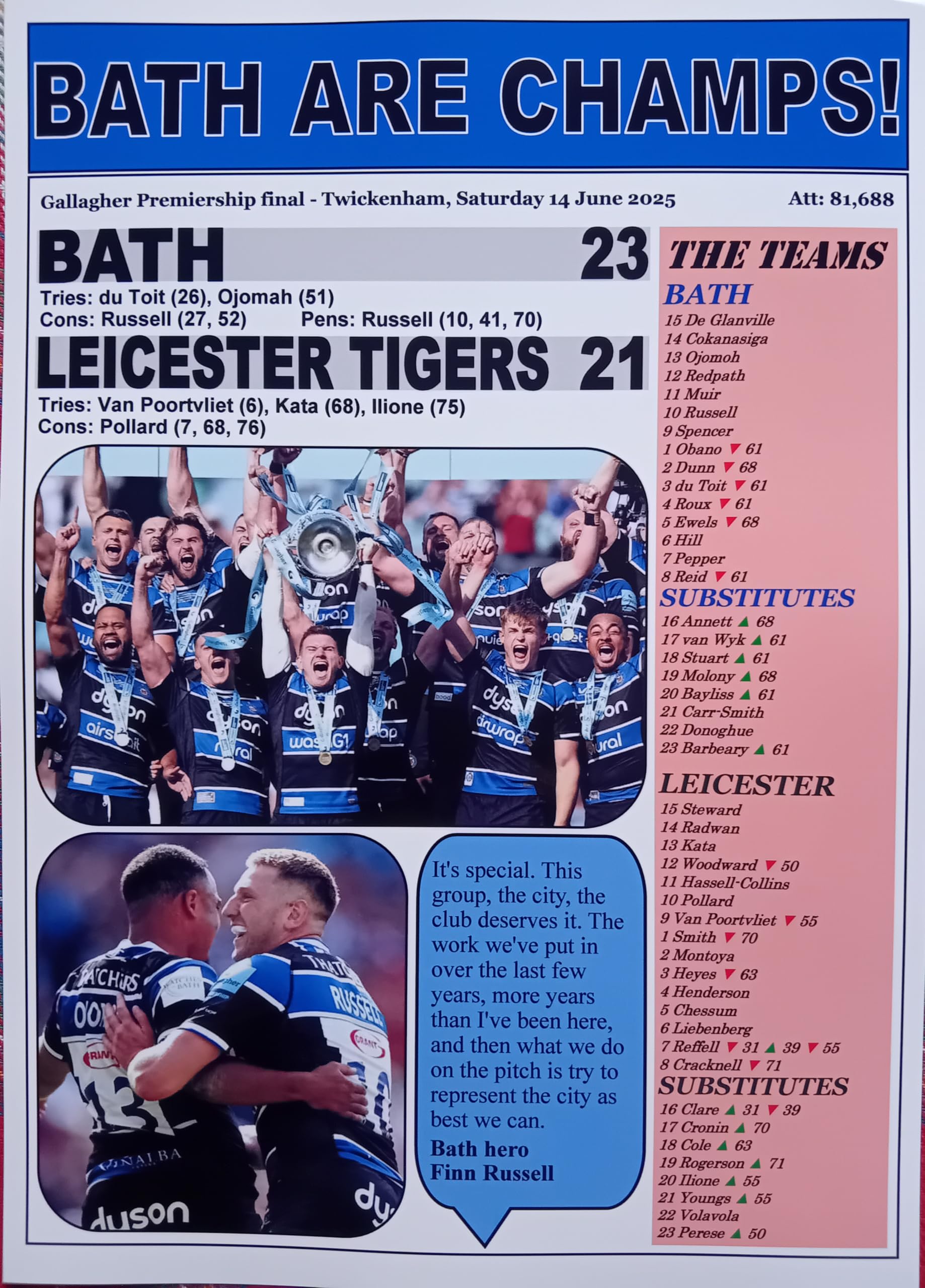 Assorted Bath 23 Leicester Tigers 21-2025 Rugby Premiership final - souvenir print