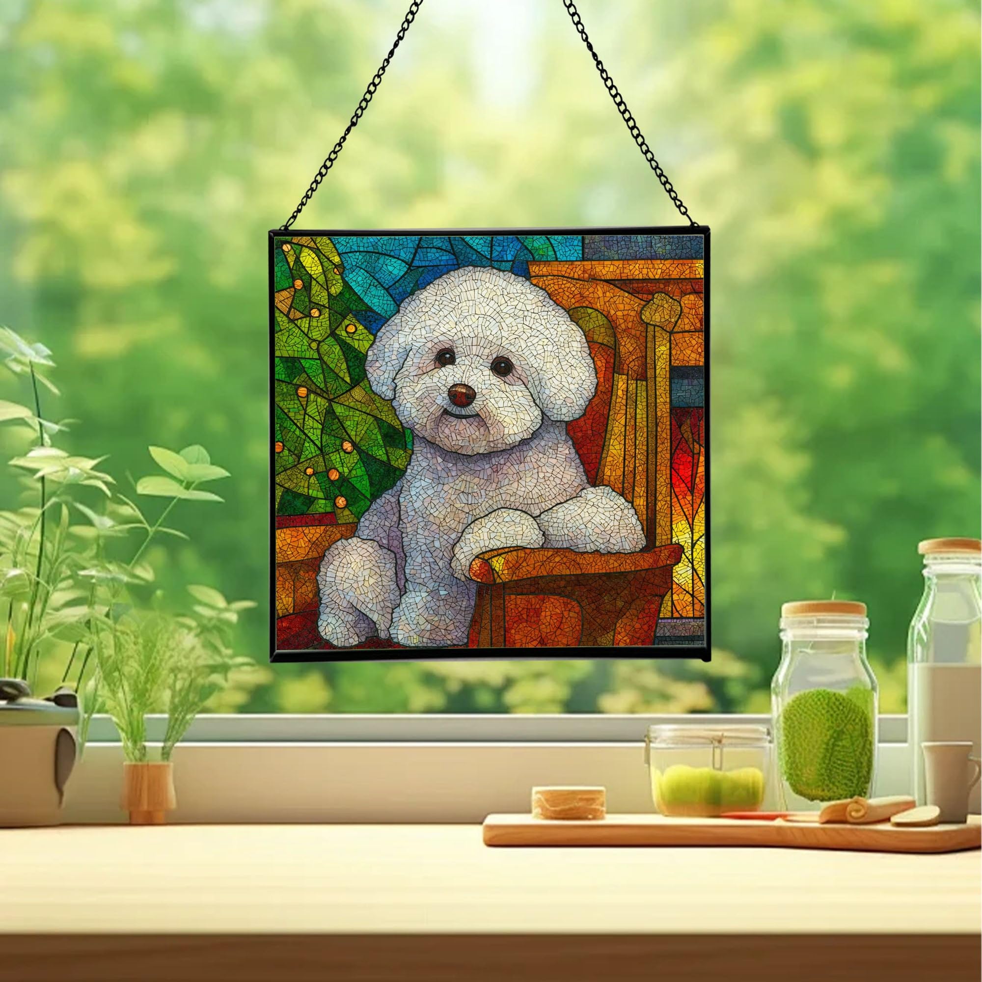 Bichon Frise Christmas Stained Glass Suncatcher – Square Hanging Holiday Window Panel with Cozy Fireplace Scene – Winter Glass Art Decoration Gift for Animal Lovers, Pet Owners YUFhLV