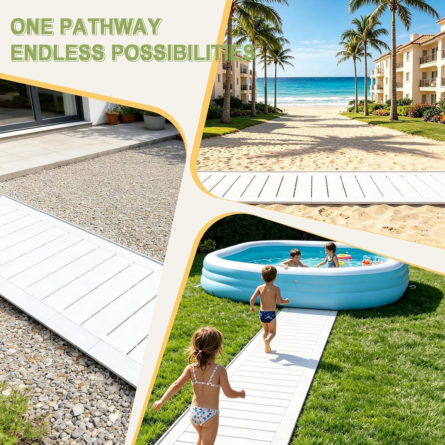 Garden Pathway, 31" Wide Interlocking ABS Plastic Walkway, 5.5ft Long Non-Slip Wood-Look Outdoor Path, Weather-Resistant for Backyard, Patio, Beach, Wedding (White, 5.5 ft)