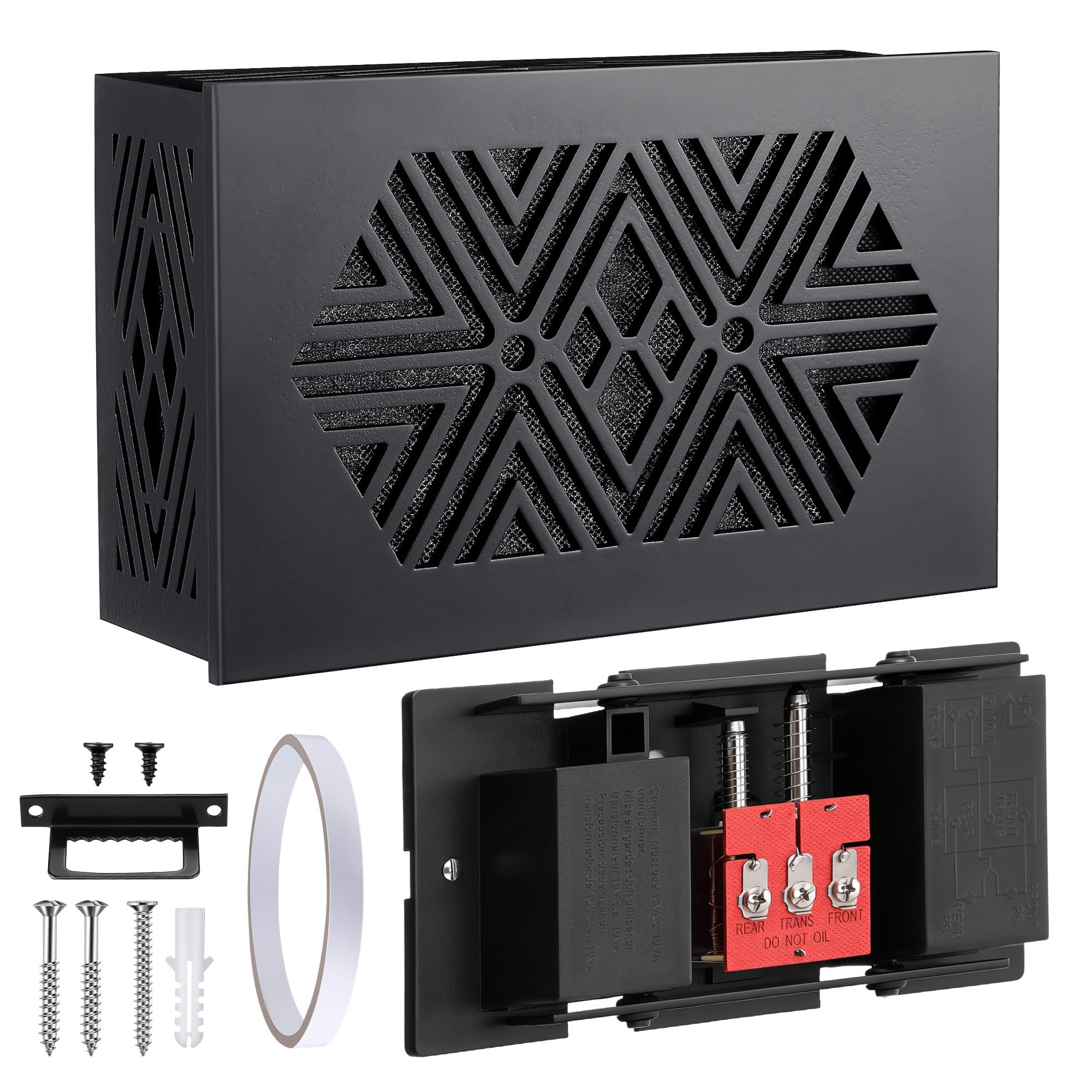 Timbre mecánico con cable, 16 V 10 VA con cubierta de madera, timbre de puerta delantera y trasera para pared interior del hogar con tornillos y cinta adhesiva, dos sonidos fuertes (negro)