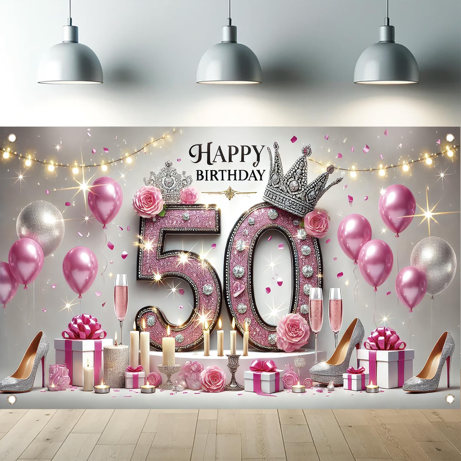 Starlit Patio Happy 50th Birthday Backdrop Banner Rose Gold Diamonds 50th Birthday Photography Background Fifty Years Old Age Women Party Banner