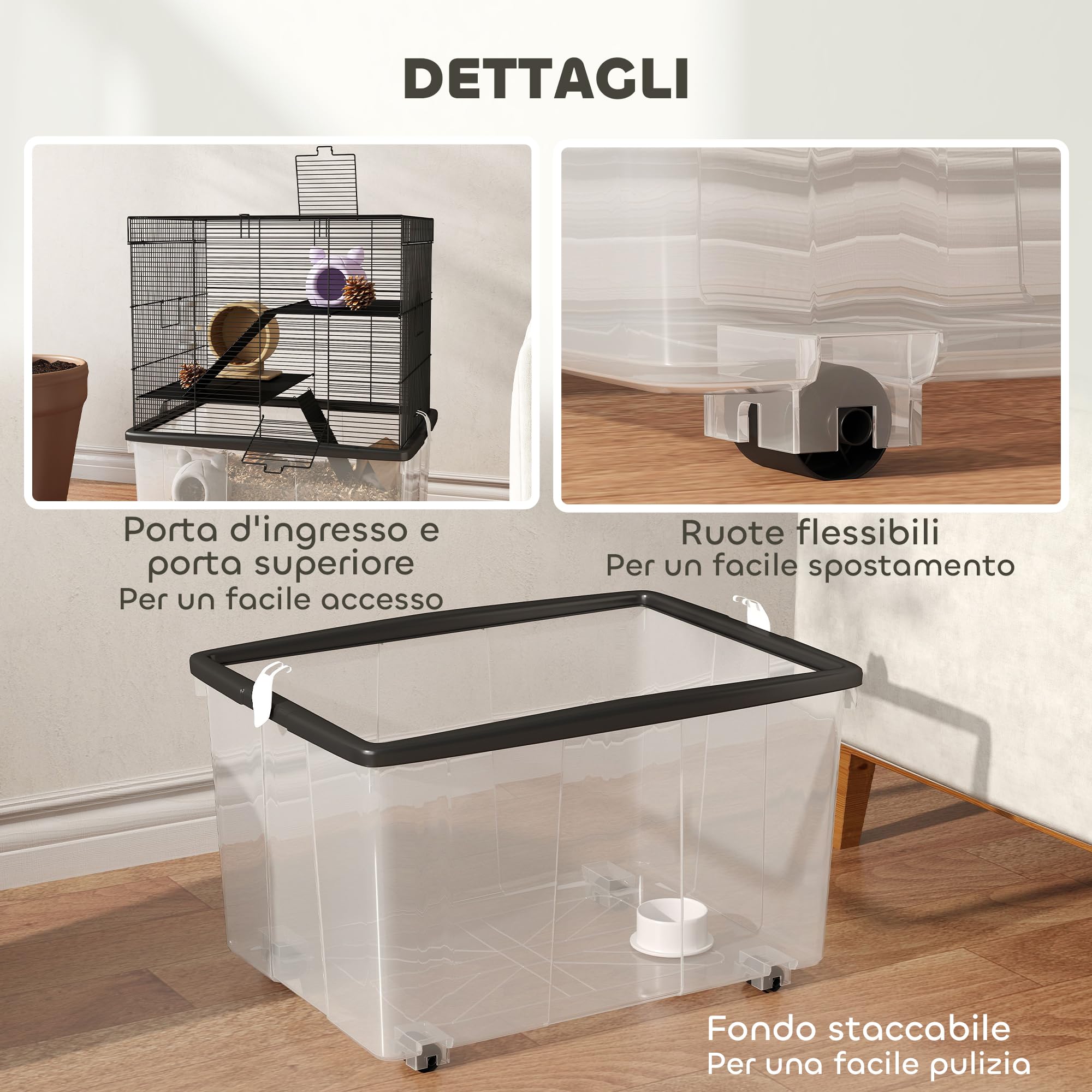 PawHut Gabbia per Criceti a 3 Livelli con Base Profonda 31 cm e Ruote, Casetta per Gerbilli con Rampe, Ciotola, Bottiglia, 58x43x74 cm, Nero