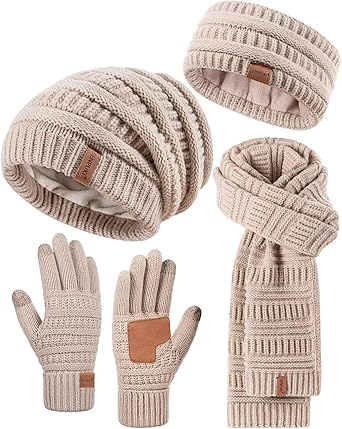Womens Winter Beanie Hat Scarf Gloves Headband Set, Slouchy Beanie Ear Warmer Knit Scarf Touchscreen Gloves Warm 4 Gift Set