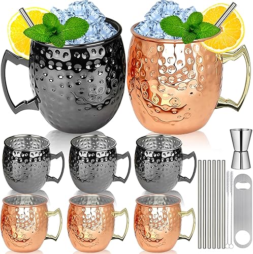 Moscow Mule - Juego de 8 tazas de acero inoxidable chapado en cobre y bronce negro de 18 onzas, para bebidas frías (2 colores)