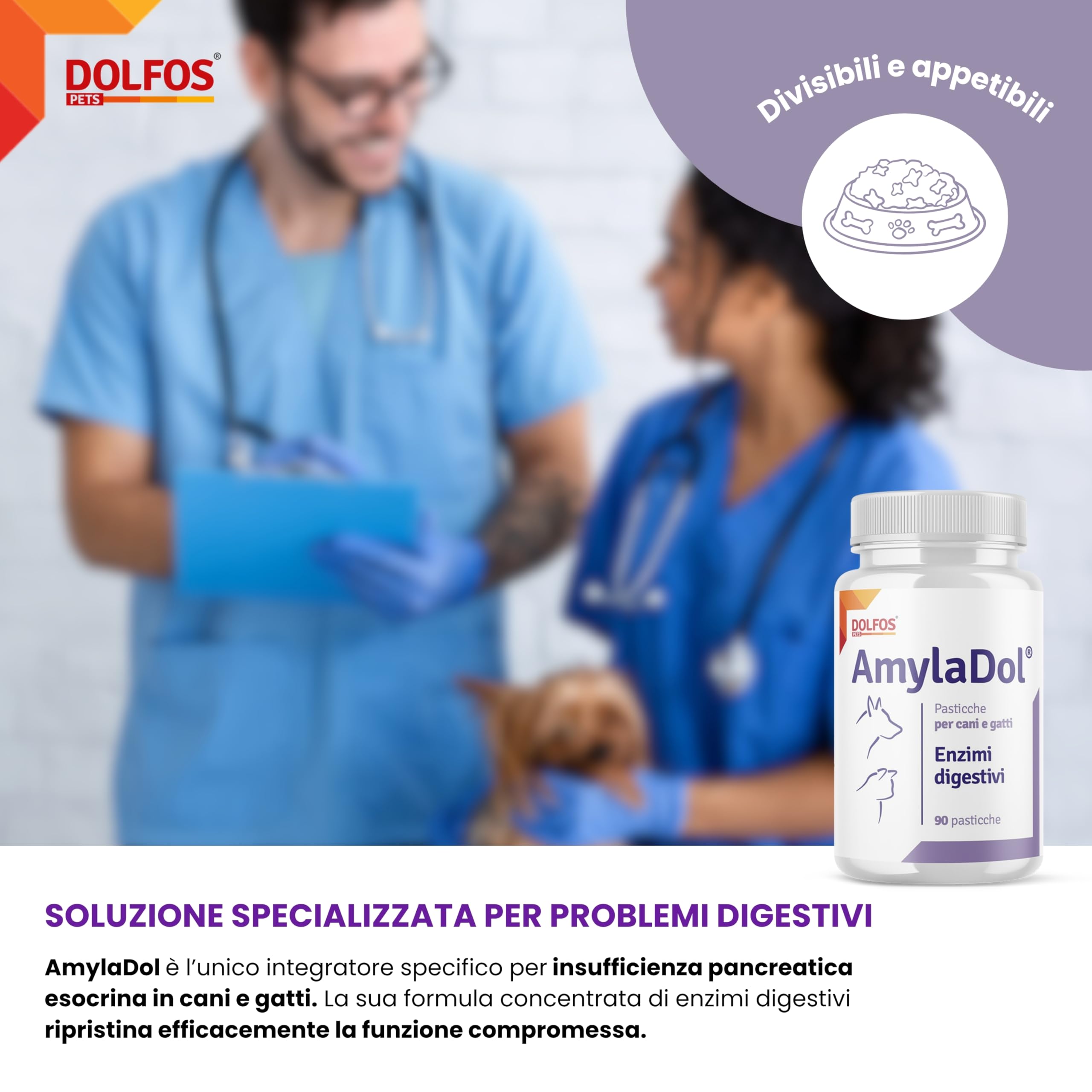 Pets Dolfos AmylaDol 90 Compresse Enzimi digestivi Naturali: Amilasi, Lipasi e Proteasi. Alimento complementare dietetico in Caso di disturbi digestivi dei Cani e dei Gatti