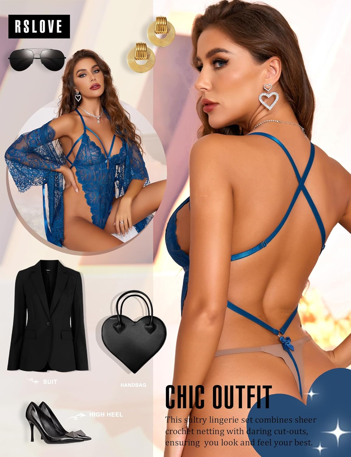 RSLOVE Sexy Womens Lingerie Set - 2 Piece Lace Kimono Robe with Lace Teddy Lingerie Bodysuit Sexy - Image 5