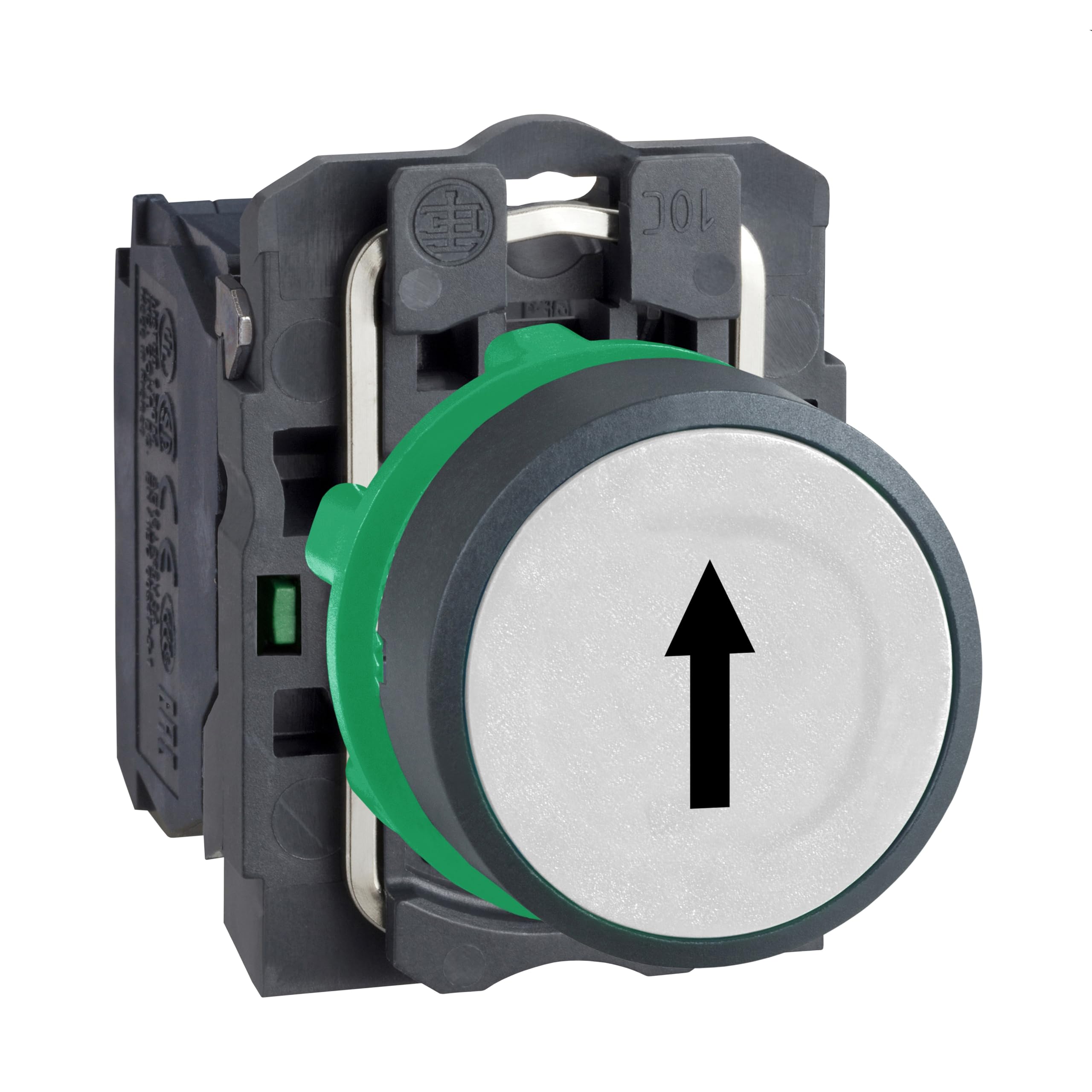 Schneider Electric Harmony XB5 - Push Button Switch, Plastic, Spring Return, 1NO, 22 mm Mount, Marked Up Arrow, Flush Operator Profile, XB5AA3341, White