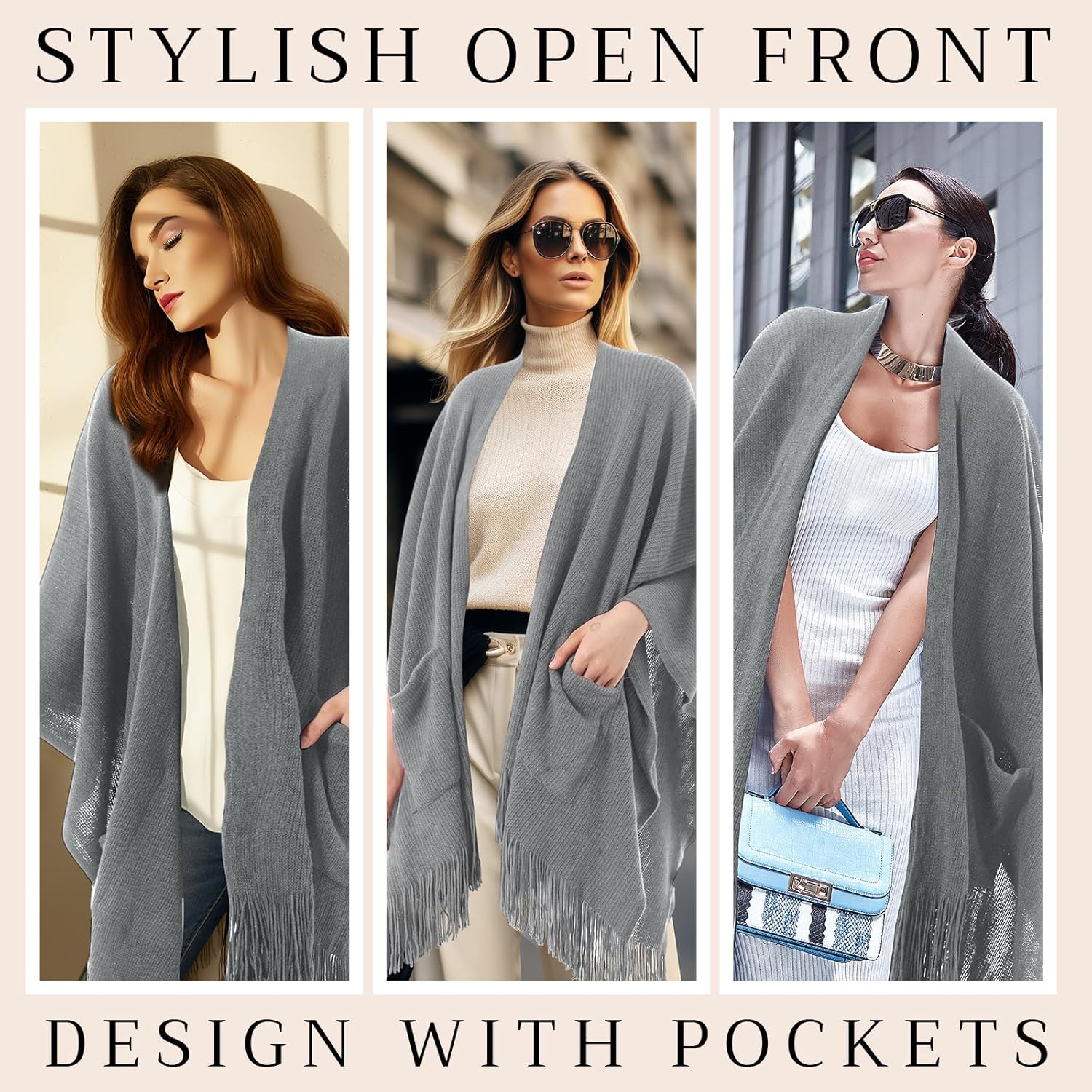 Knitted Poncho for Women, Shawl Wraps with Pockets, Open Front Fringe Winter Shawl with Tassel, Gift for New Year - Image 2