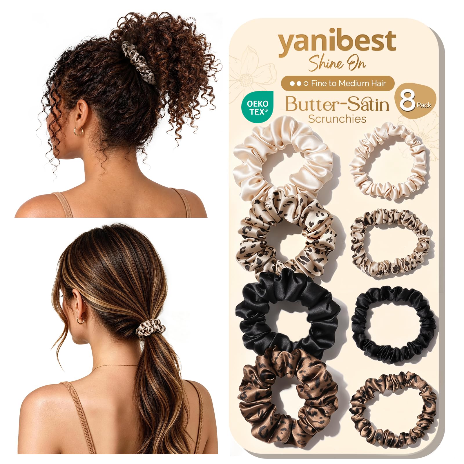 YANIBEST 8 Pcs Satin Scrunchies, Creaseless Hair Ties for Women OEKO-TEX STANDARD 100