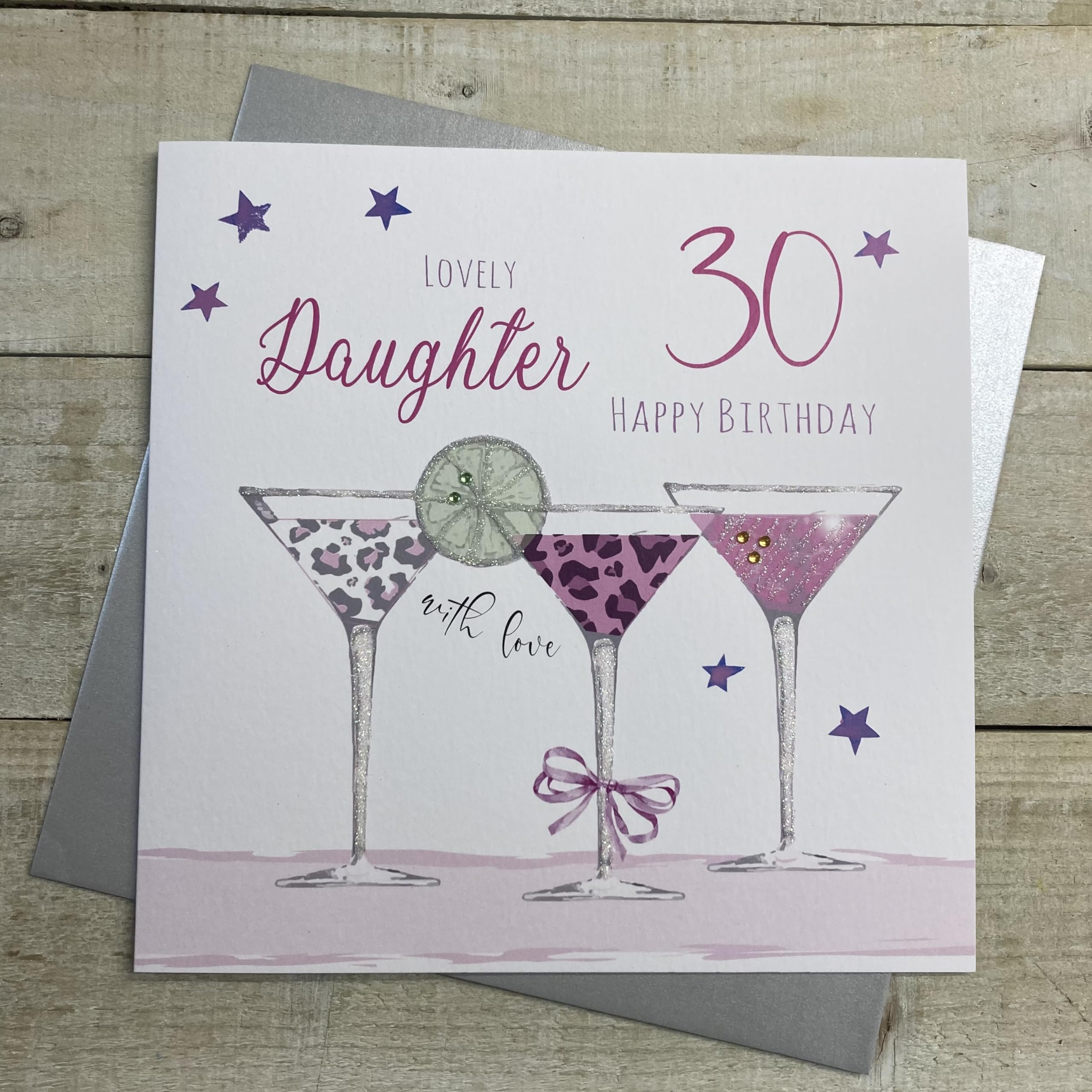 WHITE COTTON CARDS DAUGHTER AGE 30 COCKTAIL GLASSES LARGE BIRTHDAY CARD, HAND FINISHED (XS271-D30)