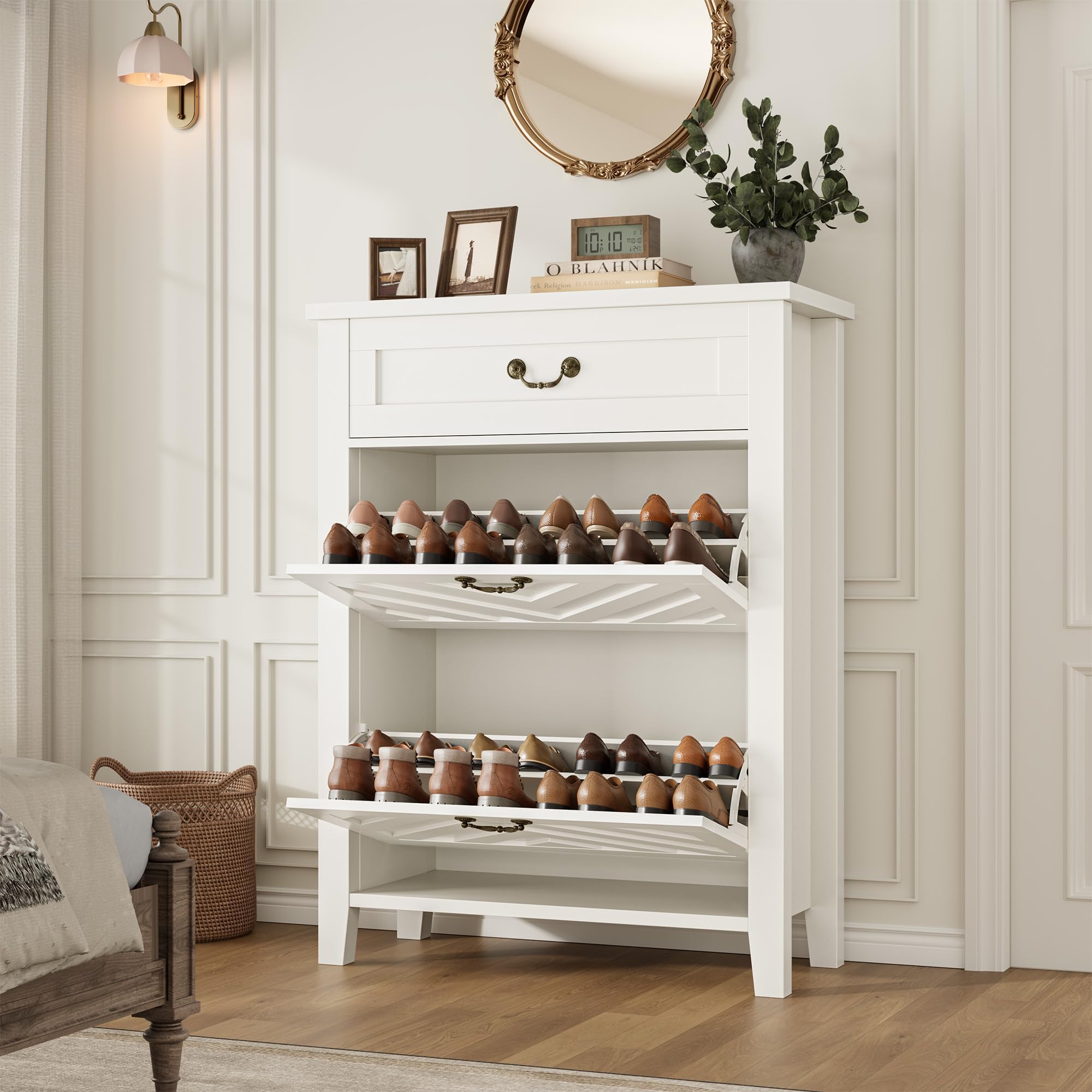 GarveeHome Schuhschrank mit 1 Schublade & 2 Klappen, Schuhregal aus MDF 80 x 27 x 110 cm für Flur & Diele – Schmaler Schuhschrank mit V-förmigen Klappen, Platzsparend, Stabil & Langlebig, Weiß
