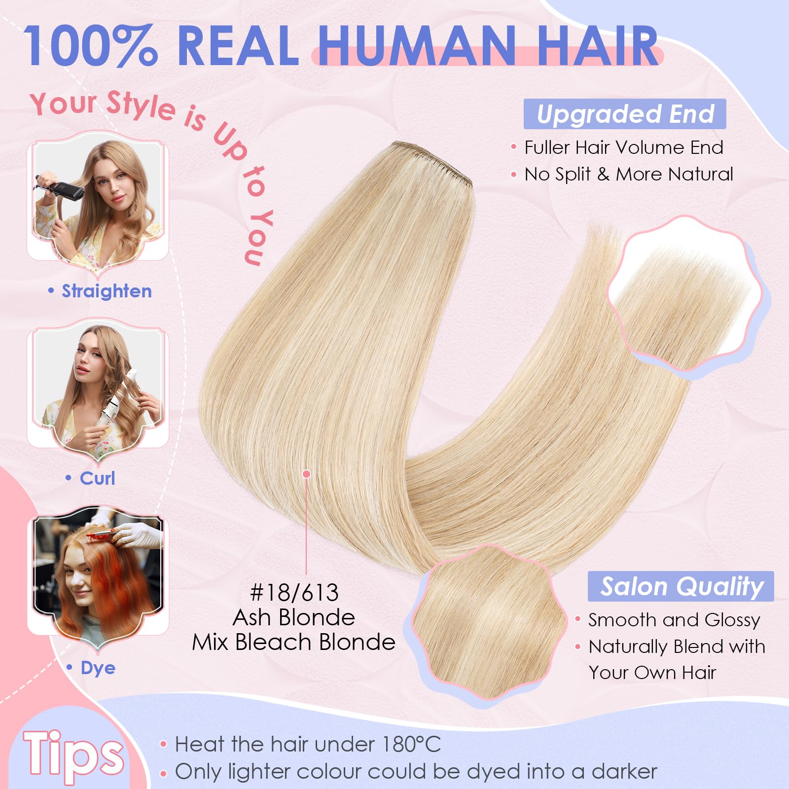 Elailite Clip in Hair Extensions Real Human Hair - 8 Pieces Thin Weft Full Head Remy Hair Straight - #18/613 Ash Blonde Mix Bleach Blonde - 8 Inch (45 g) - 4