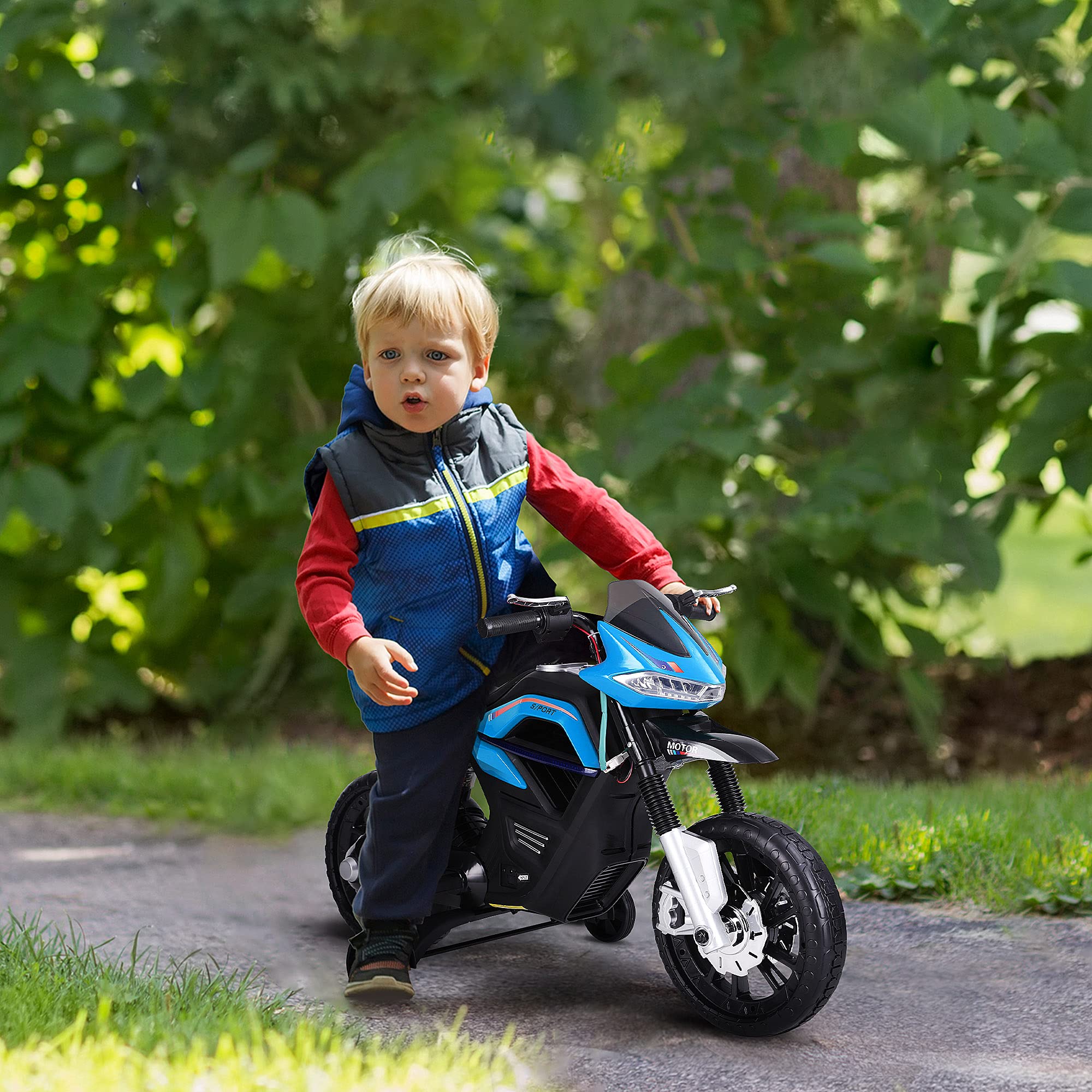 HOMCOM Kindermotorrad Kinder-Elektromotorrad Elektro-Motorrad für Kinder 3-6 Jahren Licht Musik MP3 Elektrofahrzeug mit Stützrädern maximal 3 km/h Metall + Kunststoff Blau 105 x 52,3 x 62,3 cm