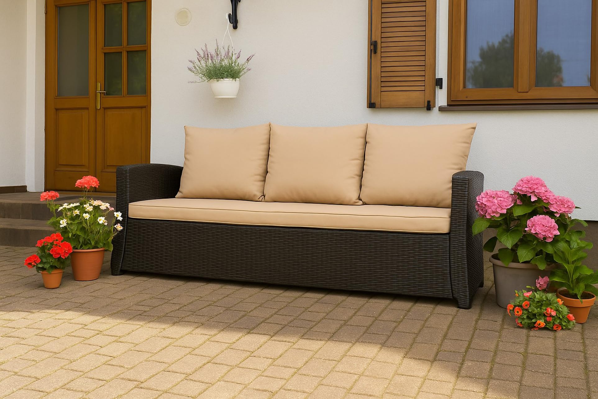 Cuscino per panchina da esterno per panca da giardino con imbottitura in polirattan - Cuscino per panca per dondolo in rattan (Beige, 110x60x50cm)