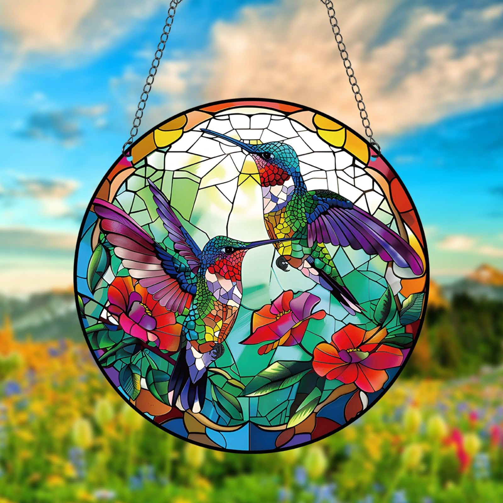 Generic 11.8 Inches Hummingbird Flowers Acrylic Window Hanging Decor Stained Glass Panels Green Leaves Plant Wall Art Mural for Bedroom Garden Wall Decoration Suncatcher Gift for Mom Grandma Teacher