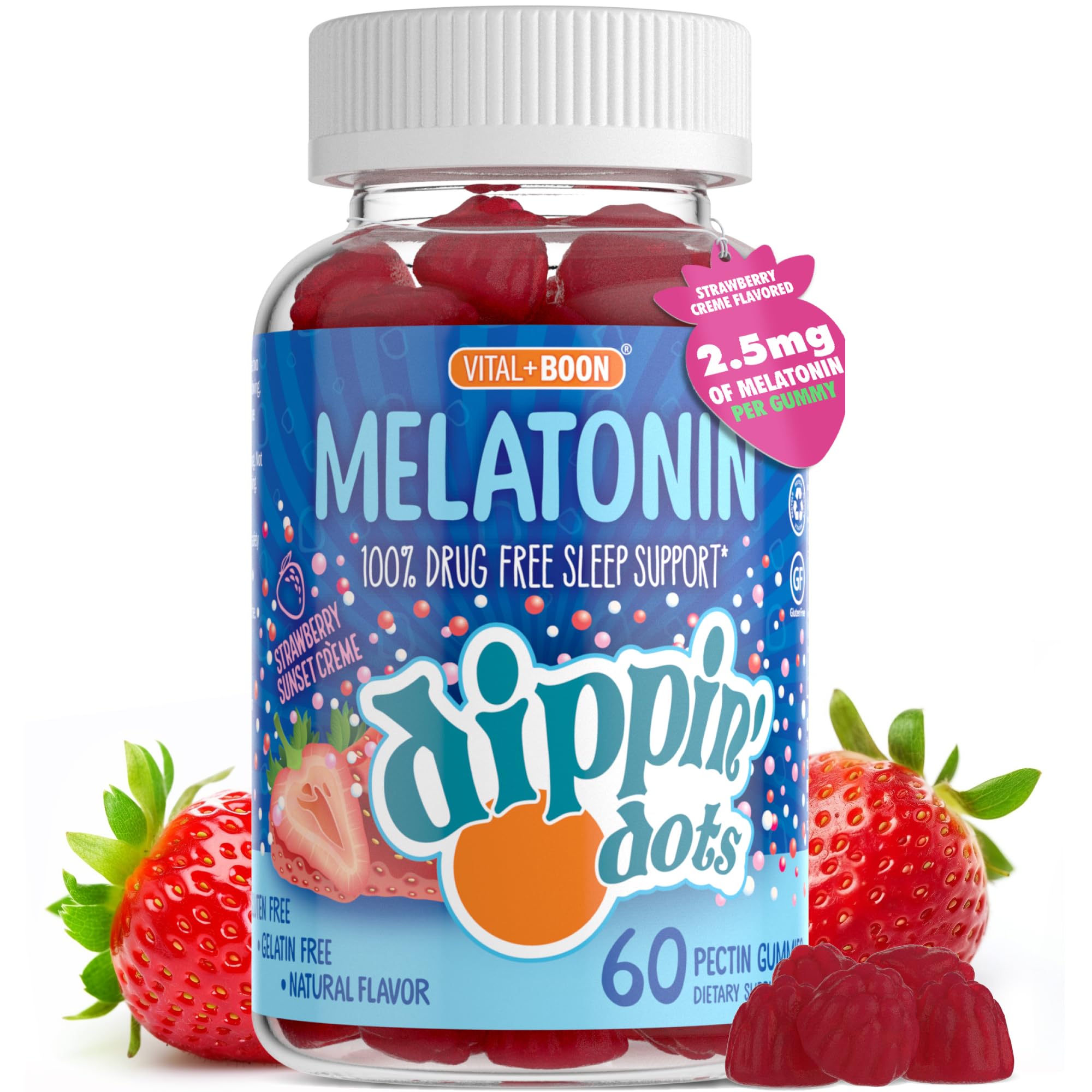 Melatonin Sleep Support Gummies (60 Count) Strawberry Sunset Creme Flavor Chews | 2.5mg Per Gummy Sleep Supplement for Children and Adults | Supplement for Faster Faster & Longer Sleep