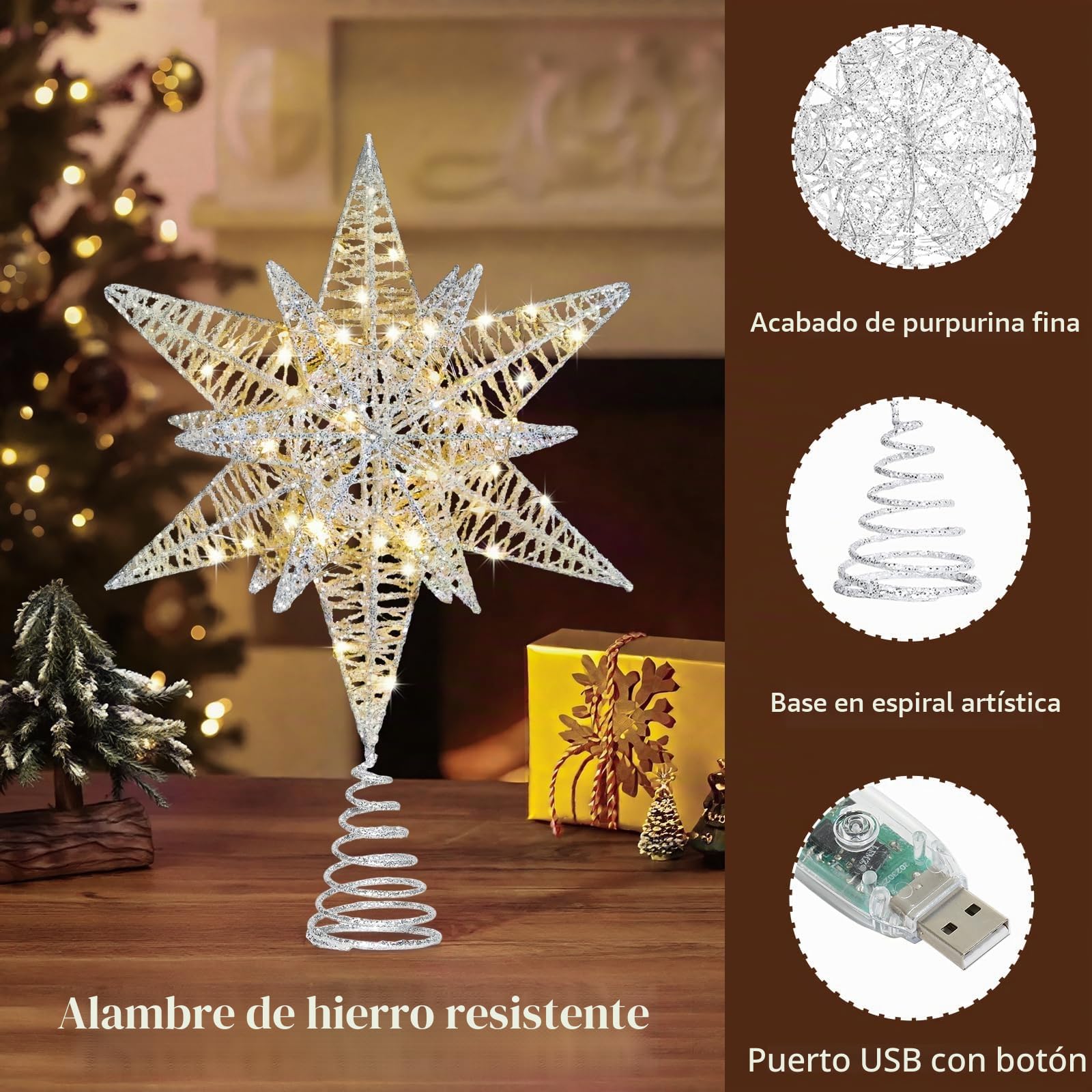 Lewondr Estrella para Copa del Árbol, 28CM Adorno para Árbol de Navidad con 8 Modos de Luces por USB con Mando a Distancia & Temporizador, Decoración Navideña del Hogar, Luz Cálida, Plata Blanco