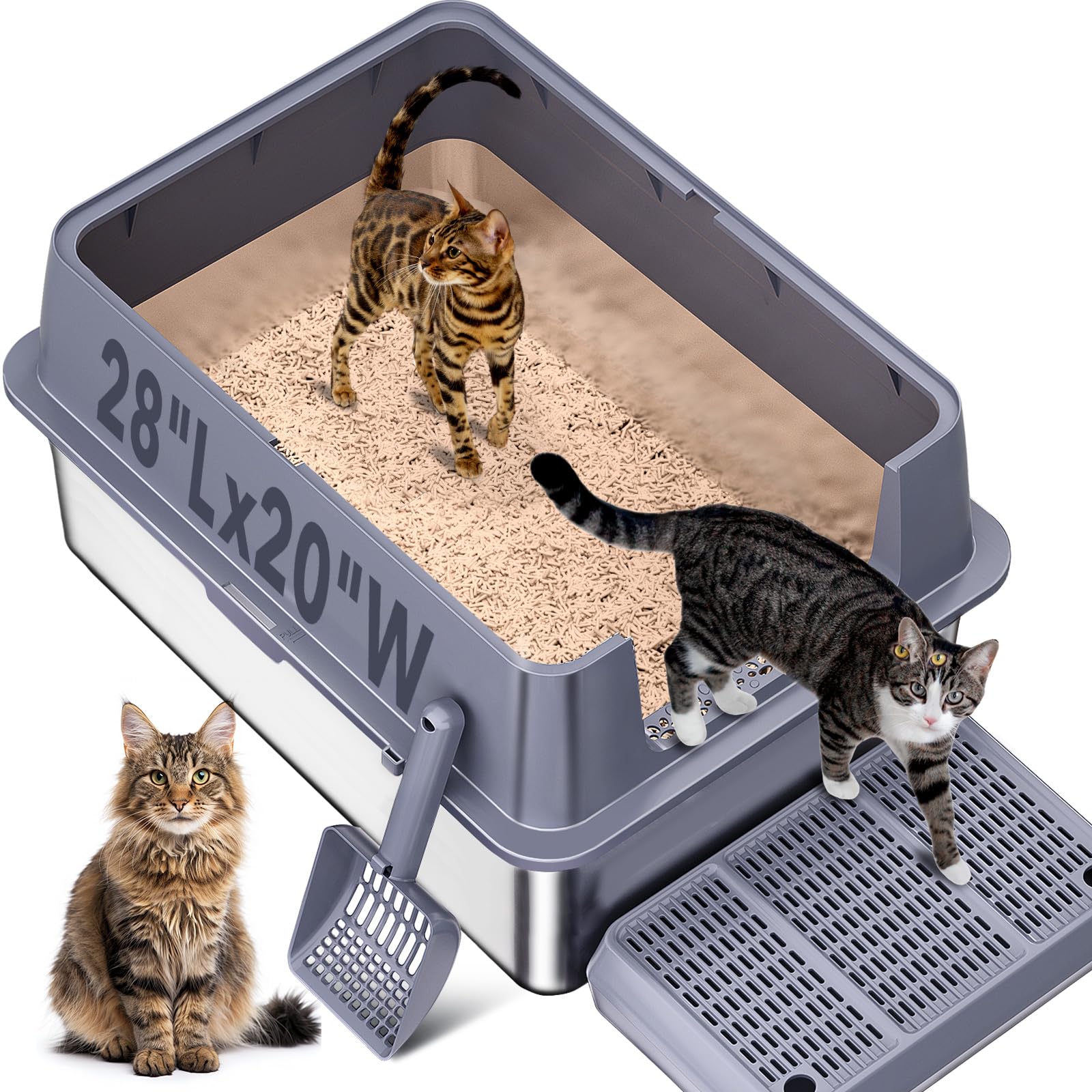 Stainless Steel Litter Box , 28"L*20"W*12"H XXL Extra Large Litter Boxes with lid ,Metal Litter Box with Hight Sides for Big Cats& Multiple Cats,Never Absorbs Odors, Anti-Urine Leakage, Easy Cleaning