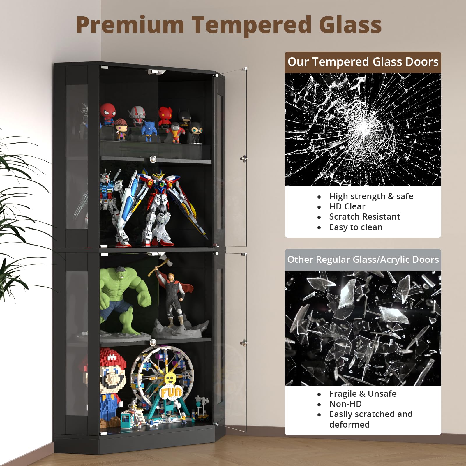 VOWNER Eck-Vitrine 165cm mit LED-Beleuchtung & Intelligente Sensorik, 4-stufige Schauvitrine, Glasvitrine für Wohnzimmer & Büro Sammlerstücke, Spirituosen (Schwarz, 4 Regalböden)