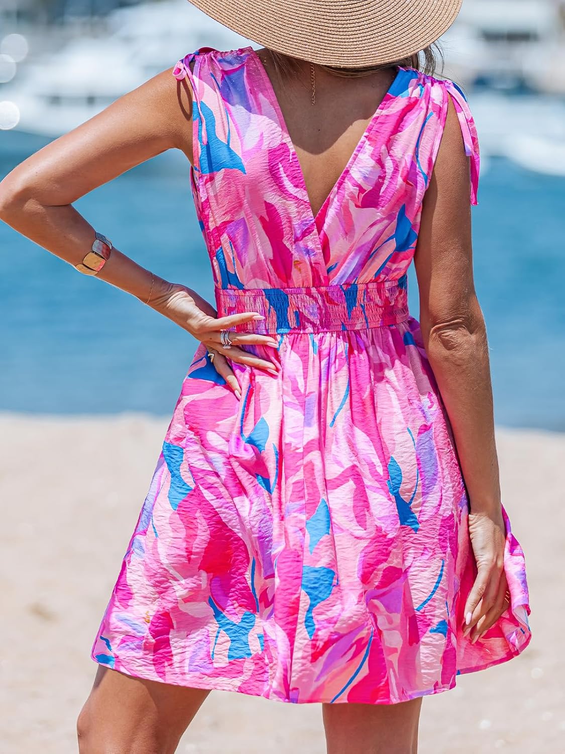 CUPSHE Women's Summer Beach Mini Dress V Neck Short Sleeve Paisley Printed Smocked Waist Short Dress - Image 2