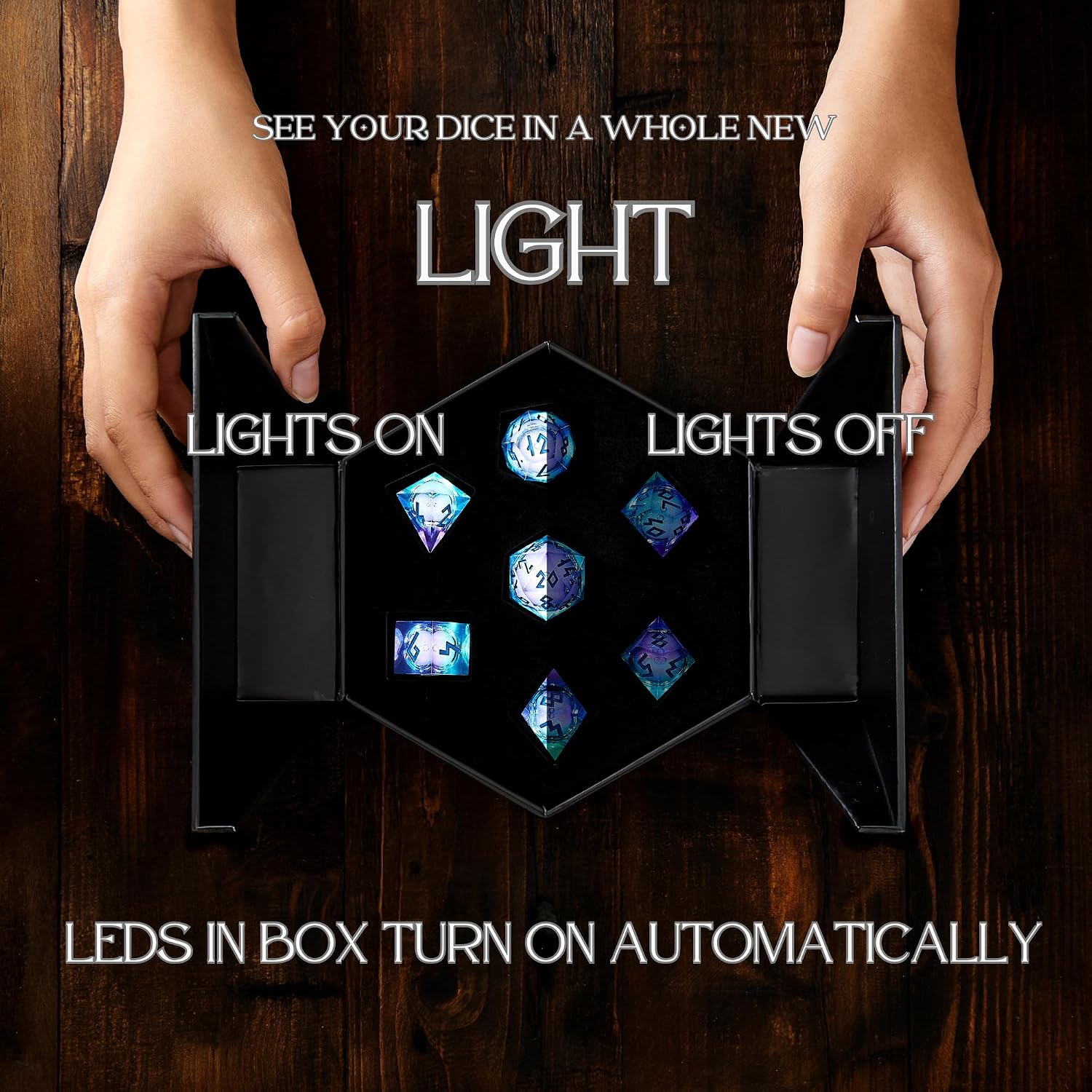 HEIMDALLR Liquid Core Dice Set with First Ever LED Display Case - 7-PC Hand-Painted Sharp Edge DND Dice Set with Gift Dice Box - Resin Dungeons and Dragons Dice Set (D&D Dice Set) (Aurora)