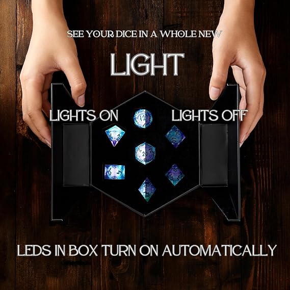 HEIMDALLR Liquid Core Dice Set with First Ever LED Display Case - 7-PC Hand-Painted Sharp Edge DND Dice Set with Gift Dice Box - Resin Dungeons and Dragons Dice Set (D&D Dice Set) (Aurora)