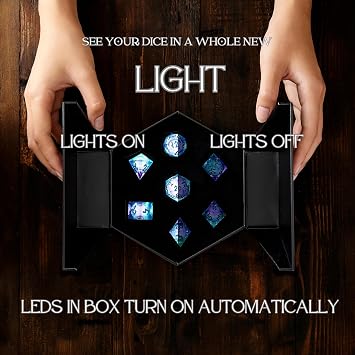 HEIMDALLR Liquid Core Dice Set with First Ever LED Display Case - 7-PC Hand-Painted Sharp Edge DND Dice Set with Gift Dice Box - Resin Dungeons and Dragons Dice Set (D&D Dice Set) (Aurora)