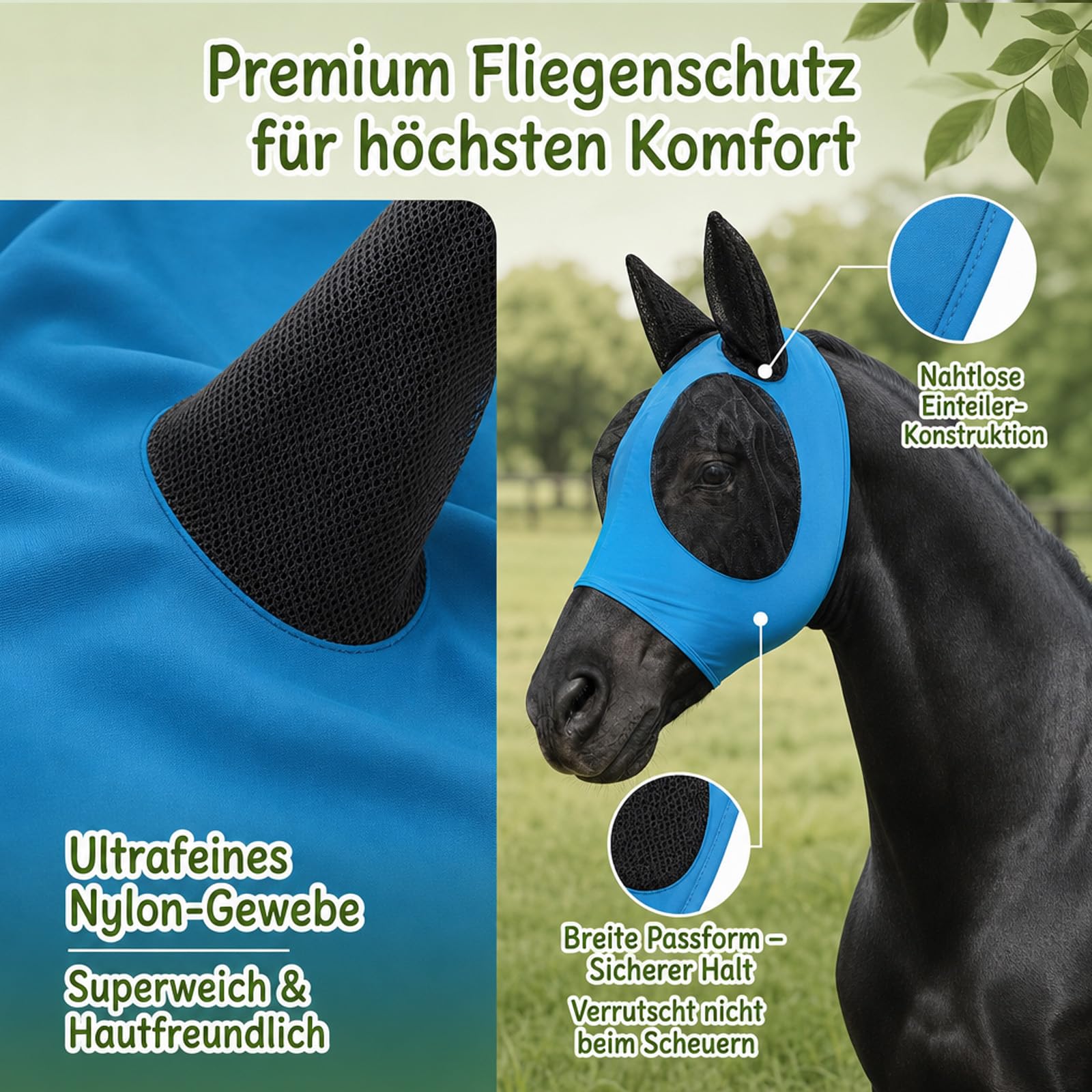 2 Stück Fliegenmaske Pferd mit Ohren, Dehnbare Fliegenhaube Pferd mit UV-Schutz, Nahtloser Fliegenschutz Pferd ohne Reißverschluss, Atmungsaktives Netzgewebe für Sommer & Weidegang (Blau/Grau)