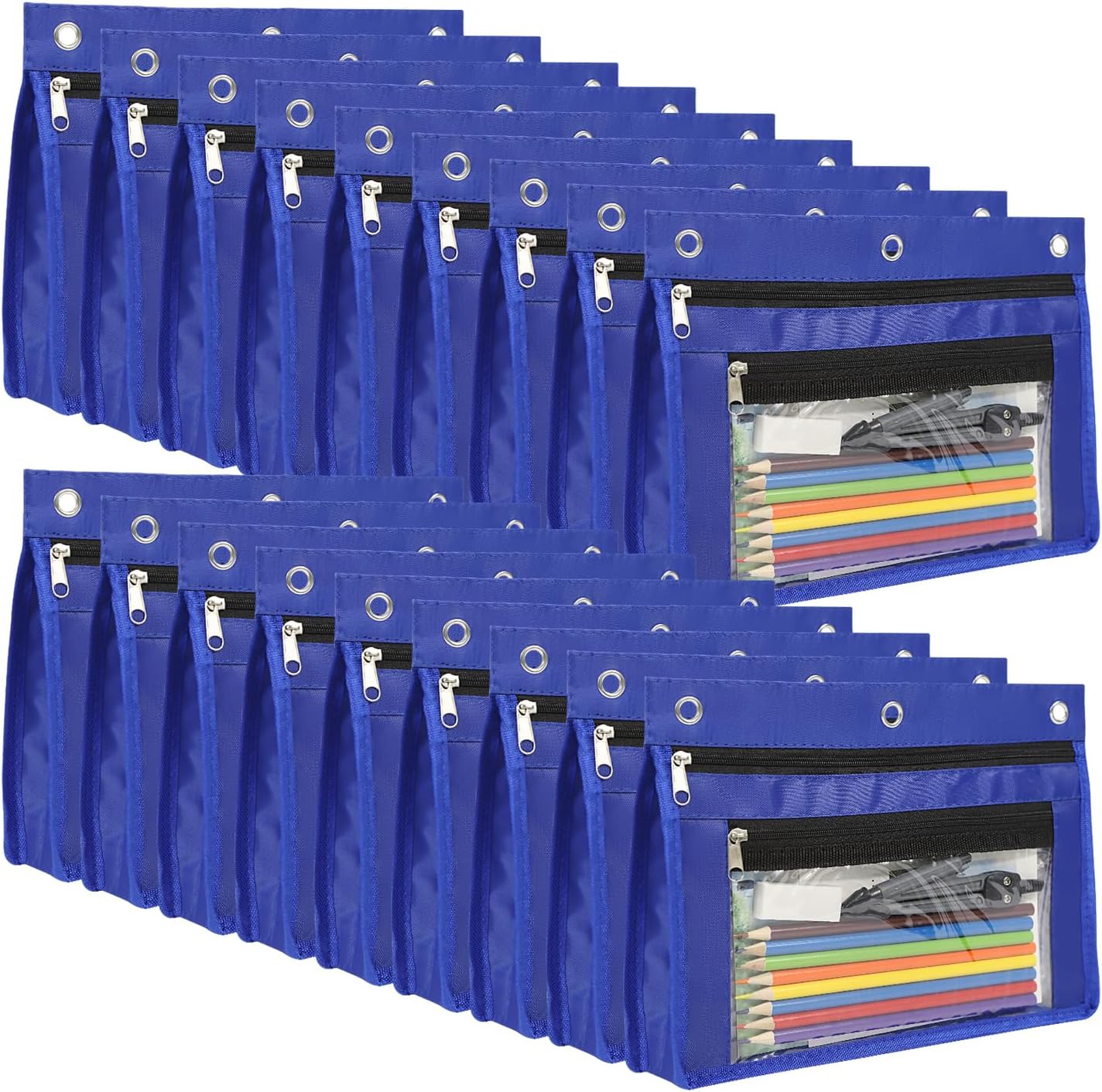 YoeeJob 18 Pack 1 Inch Expandable Zipper Pencil Pouches with Clear Window for 3 Ring Binder, Suitable for School & Office（Blue）