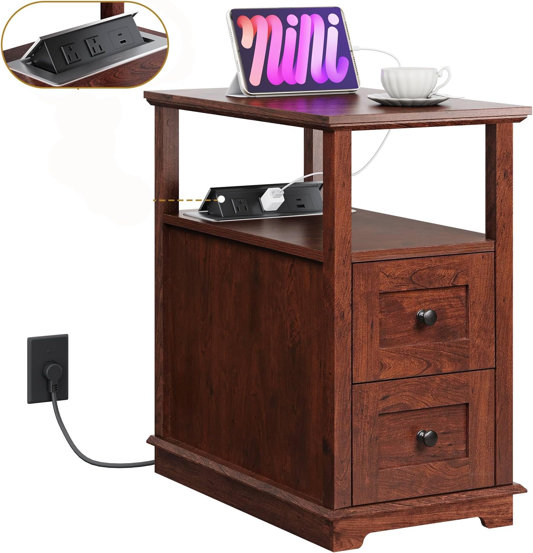 WLIVE End Table with Charging Station & 2 Drawers Narrow Nightstand Cherry