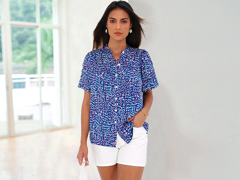 MASCOMODA Womens Tops Summer Boho Floral Short Sleeve Button Down