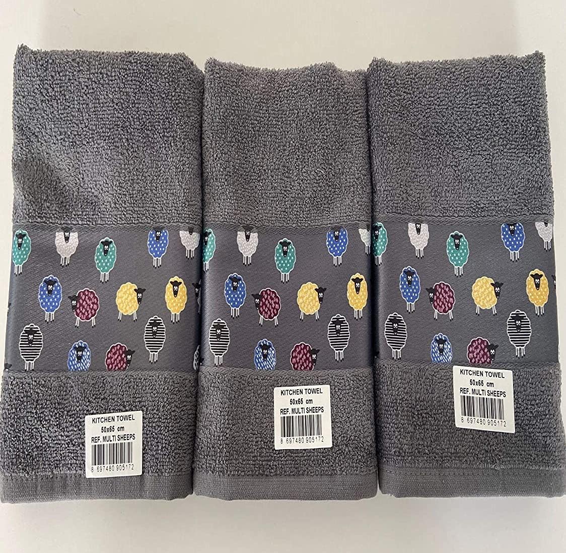 Riggs 100% Cotton 3 Pack Colourful Sheep Design Kitchen Hand Tea Towels in Charcoal