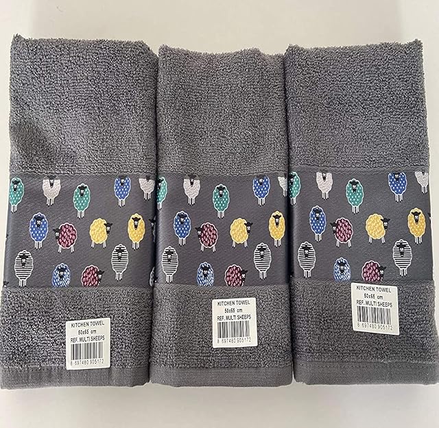Riggs 100% Cotton 3 Pack Colourful Sheep Design Kitchen Hand Tea Towels in Charcoal