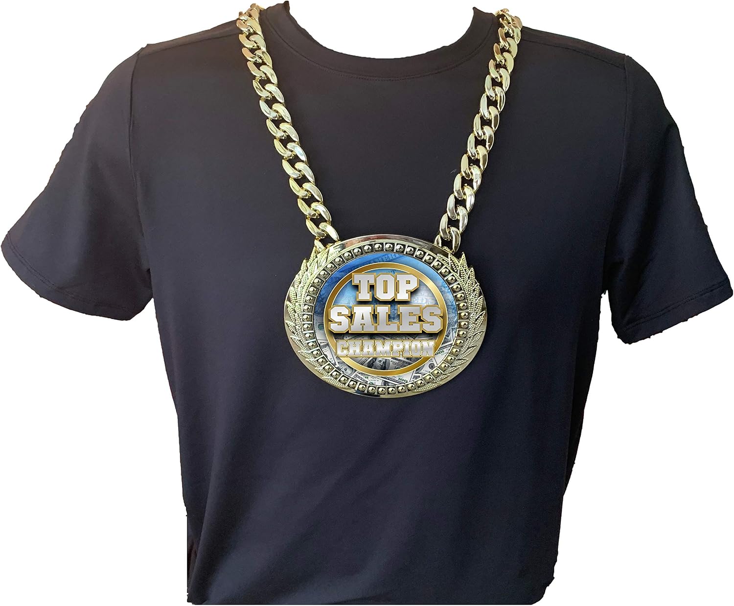 Express Medals Top Sales Award Champ Chain Trophy with a Center Plaque Plate Measuring 6 by 5.25 Inches and Includes a 34 Inch Chain with Black Velvet Presentation Bag.