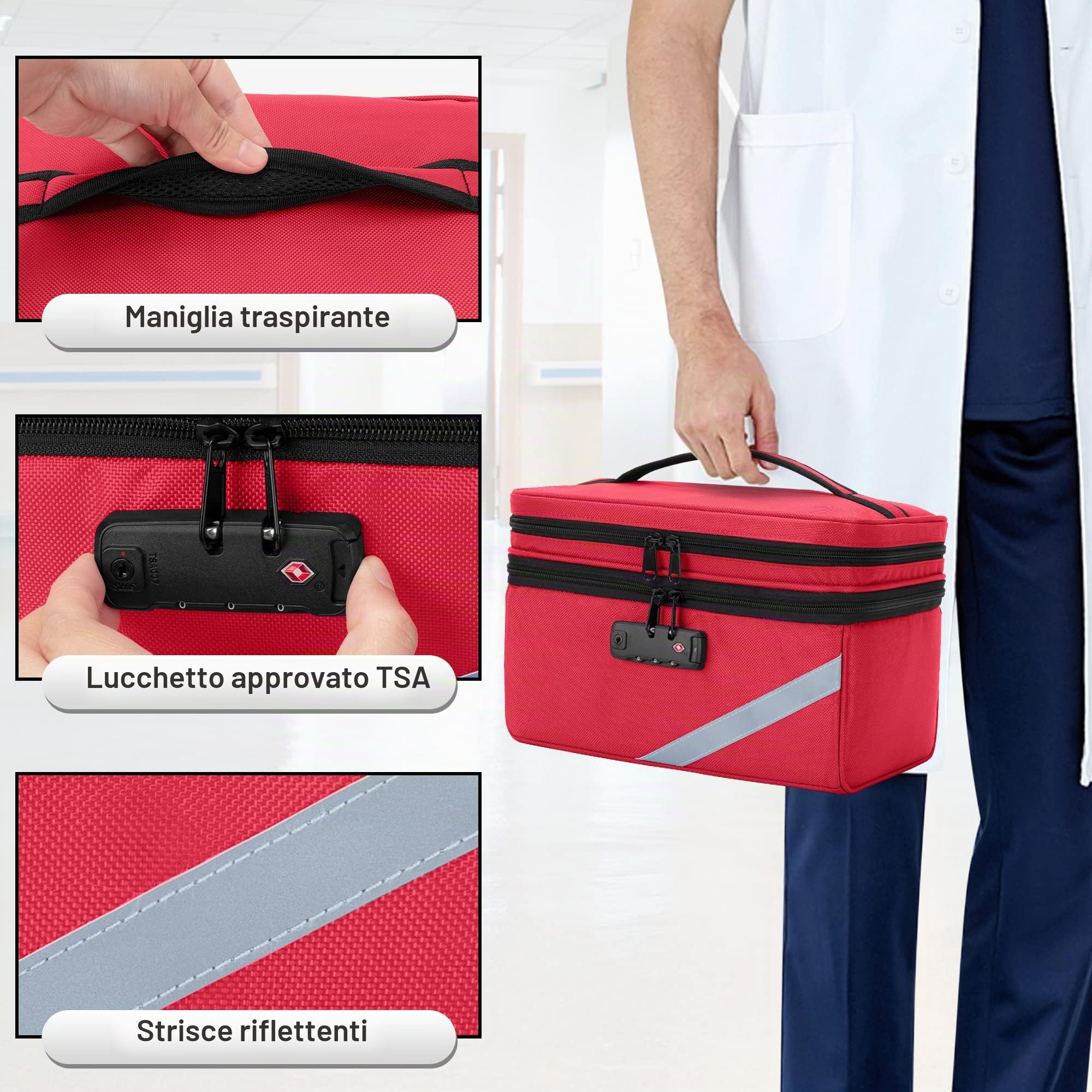 Trunab Borsa Medica Piccola con Lucchetto a Combinazione, Borsa da Viaggio Medica Chiudibile con Mini Custodia per Casa, Viaggio, Emergenza, Rosso (Borsa Vuota), Design Brevettato