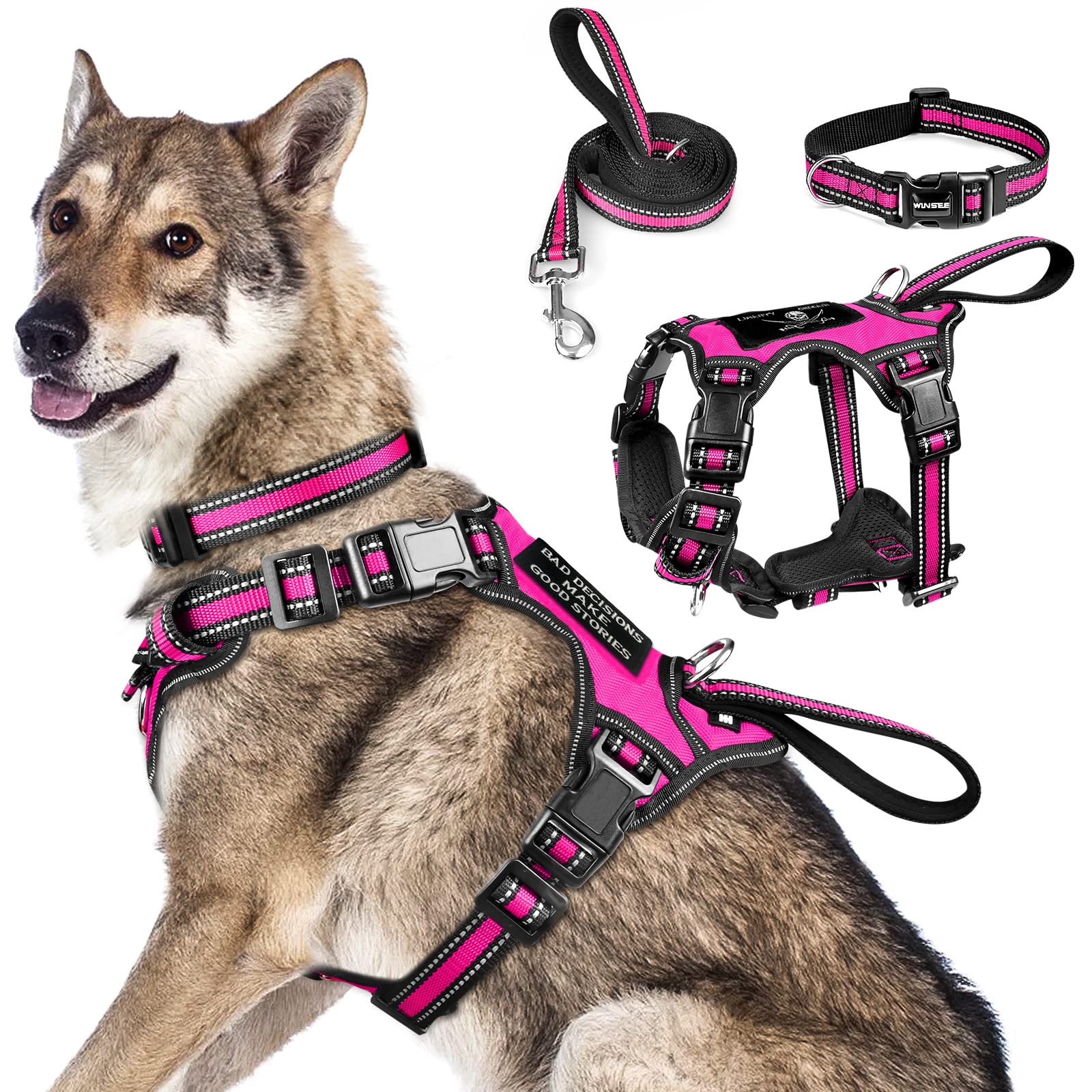 WINSEE Pet Harness Collar and Leash Set, All-in-one Reflective Dog Harness No Pull with Adjustable Buckles for Puppies, Small, Medium, Large, and