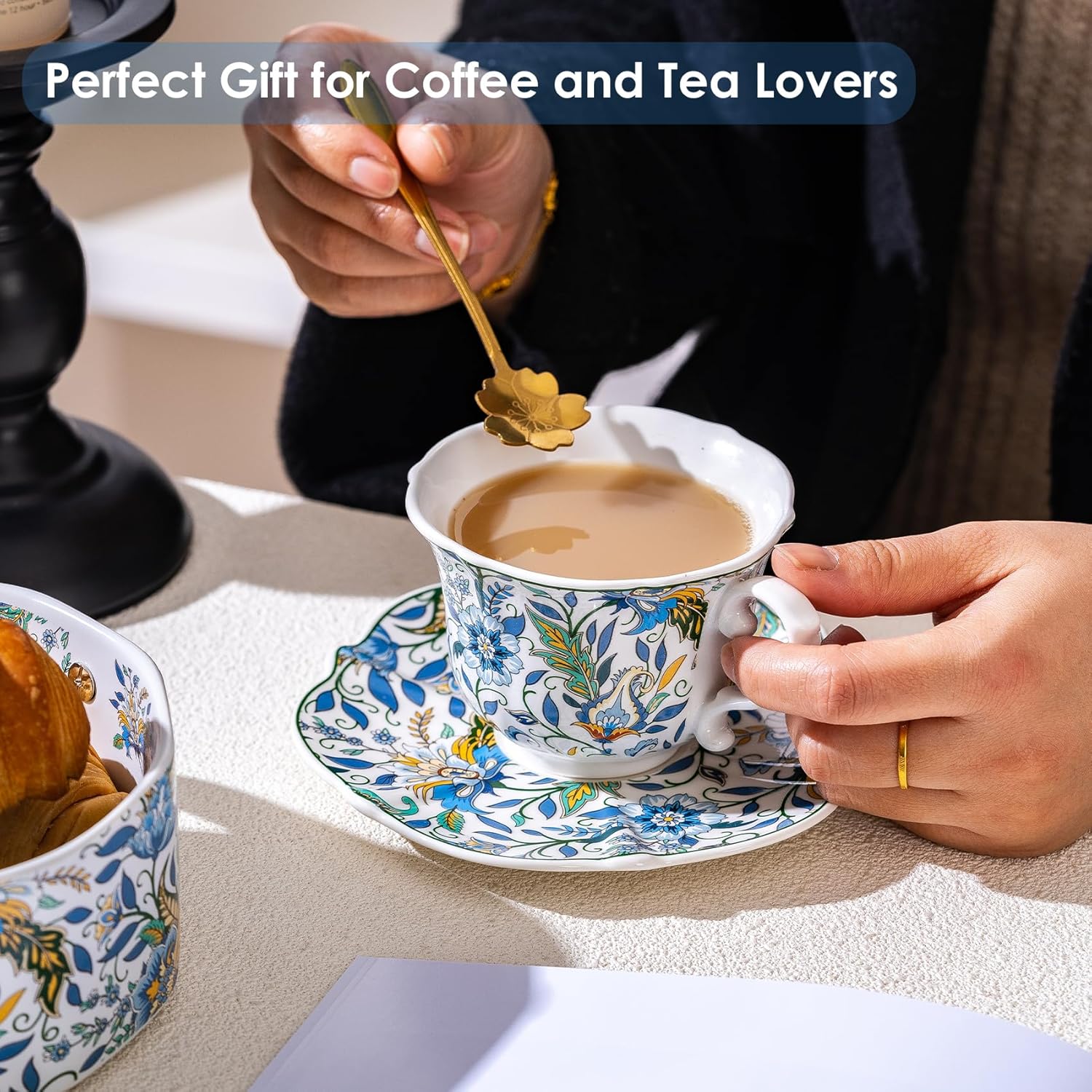 Bone China Tea Cup and Saucer Set - Vintage Blue Coffee Cup and Saucer for Women's Tea Party or Gift Giving