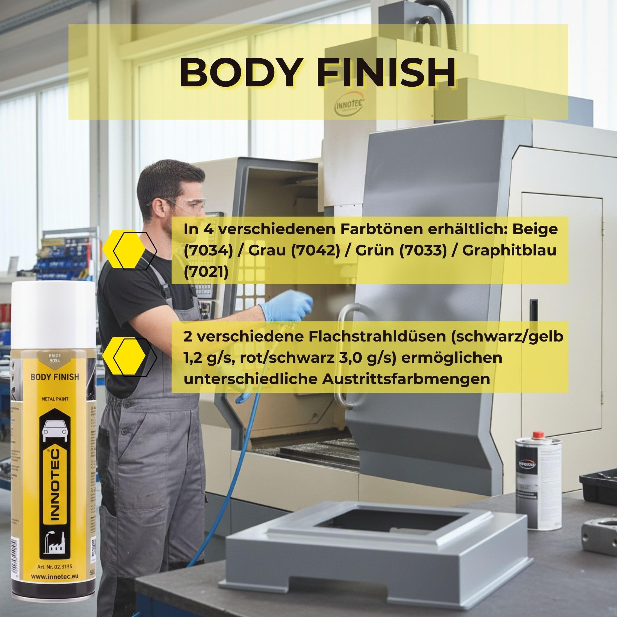 2 Stück INNOTEC Body Finish 500 ml Beige – 1K-Acryl-Premium Grundierlack für das Lackieren von reparierten oder ersetzten Blechteilen an PKW, LKW & Maschinen – korrosionsschützender Reparaturlack