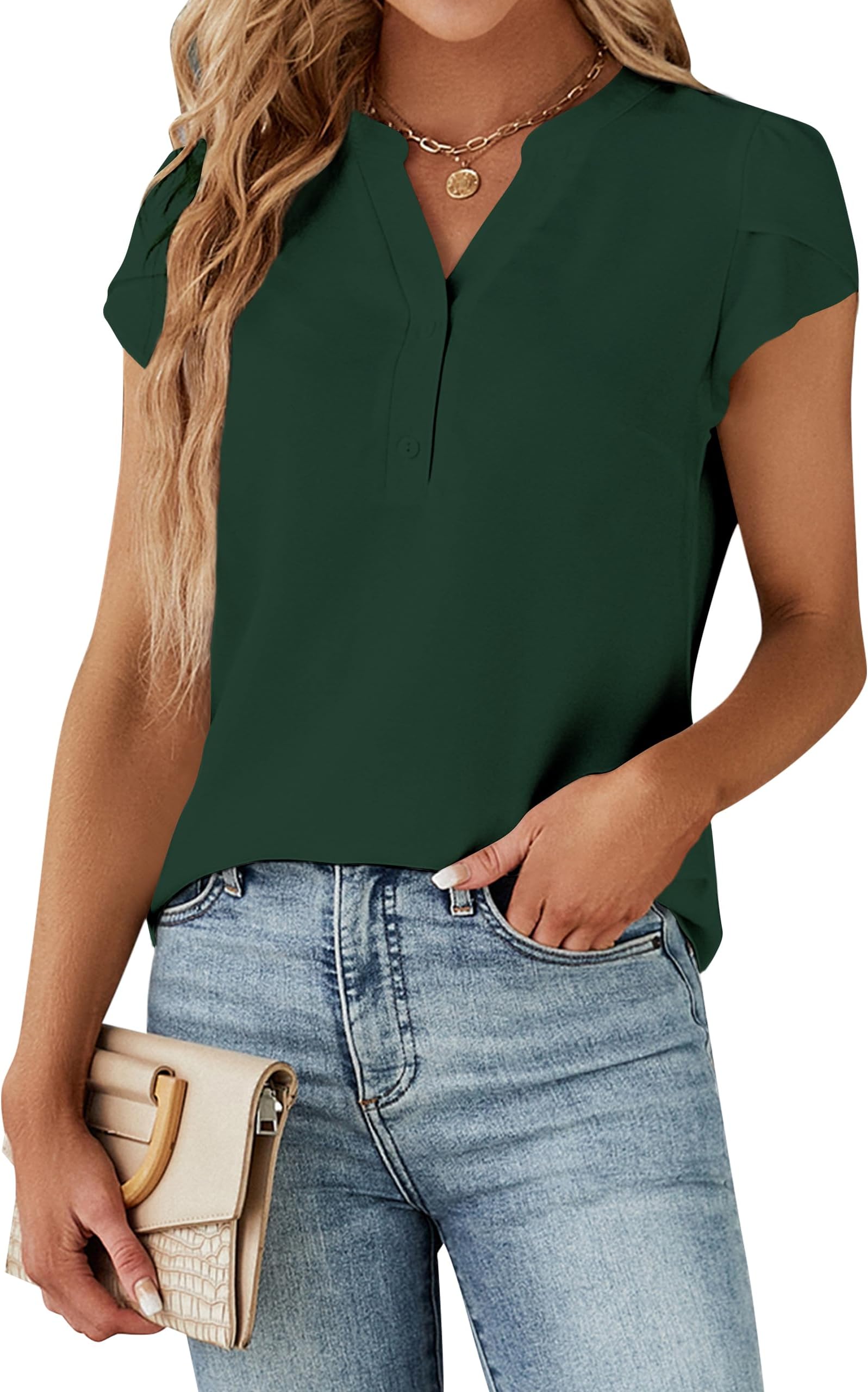 Blooming JellyWomen's Dressy Casual Tops Business Work Blouses White Button Down Shirts Cap Sleeve V Neck Tshirt