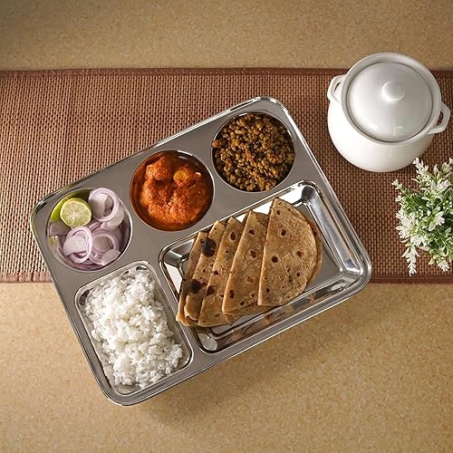 Miniatura 4 de King International Platos de acero inoxidable, plato de cena indio dividido, juego de 4 platos redondos de cuatro secciones, 12 pulgadas, placa de
