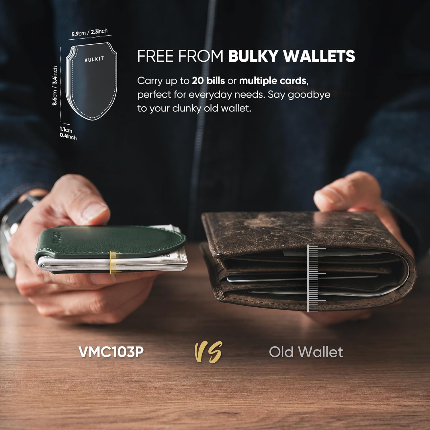 VULKIT Luxury Money Clip Genuine Leather Magnetic Closure Streamline Design Money Clip Wallet, Holds Up to 20 Bills - Image 3