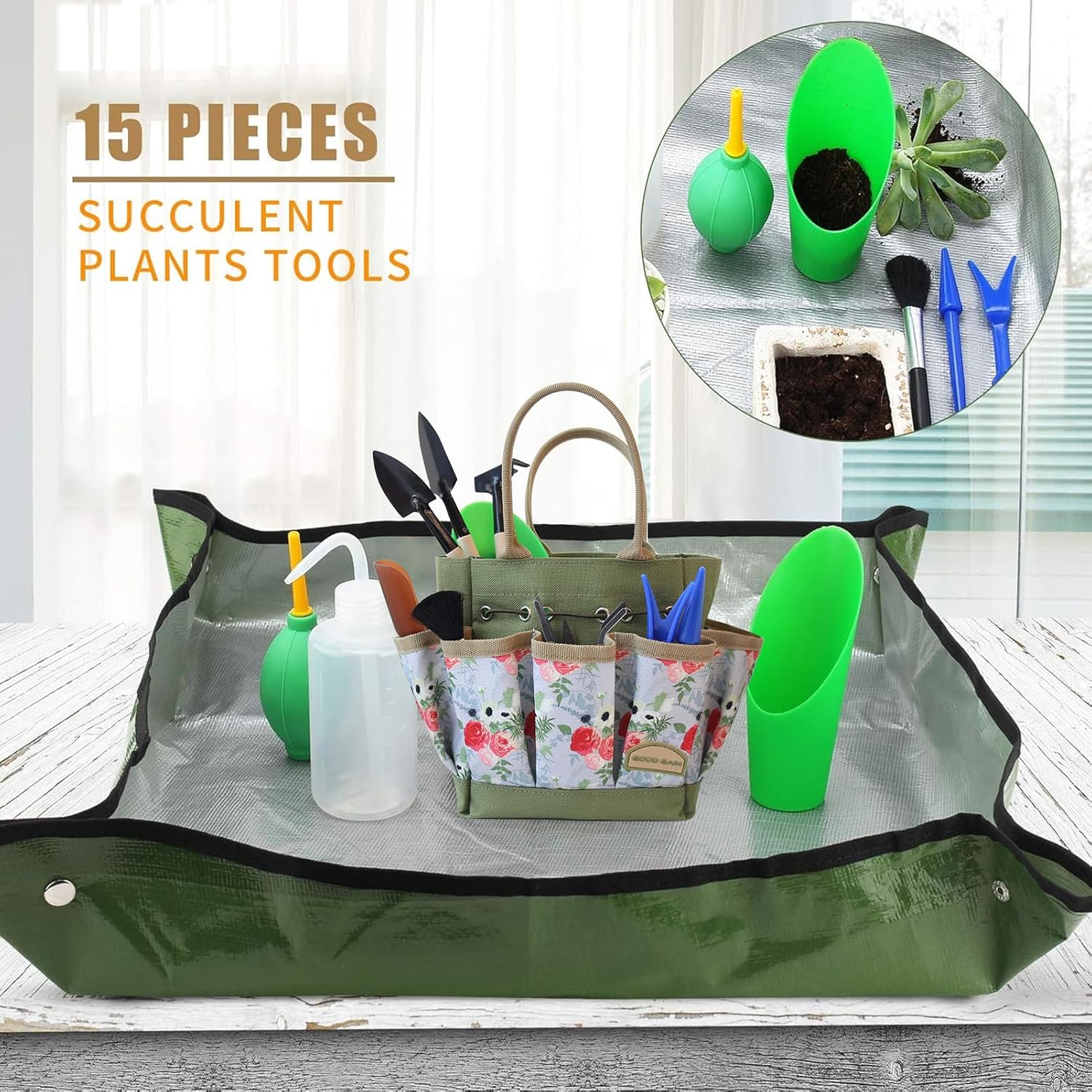 G GOOD GAIN Garden Succulent Kit with Organizer Bag, 15Pieces Succulent Tools, Indoor Mini Hand Gardening Tools Set with Carrier for Bonsai Planter Miniature Fairy Planting Care(Rose) - Image 7